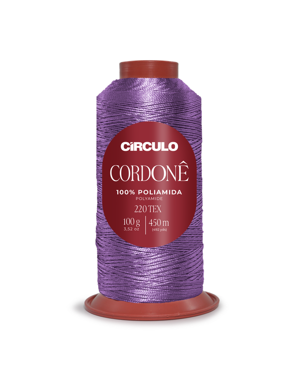 Cone de linha roxa com etiqueta vermelha e base marrom