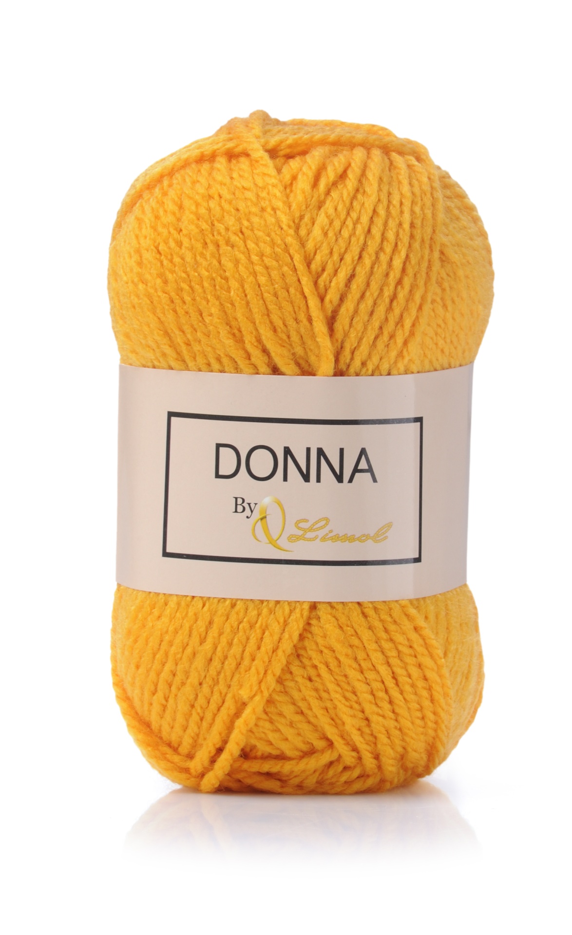 Novelo de lã amarela com etiqueta DONNA By Lussel