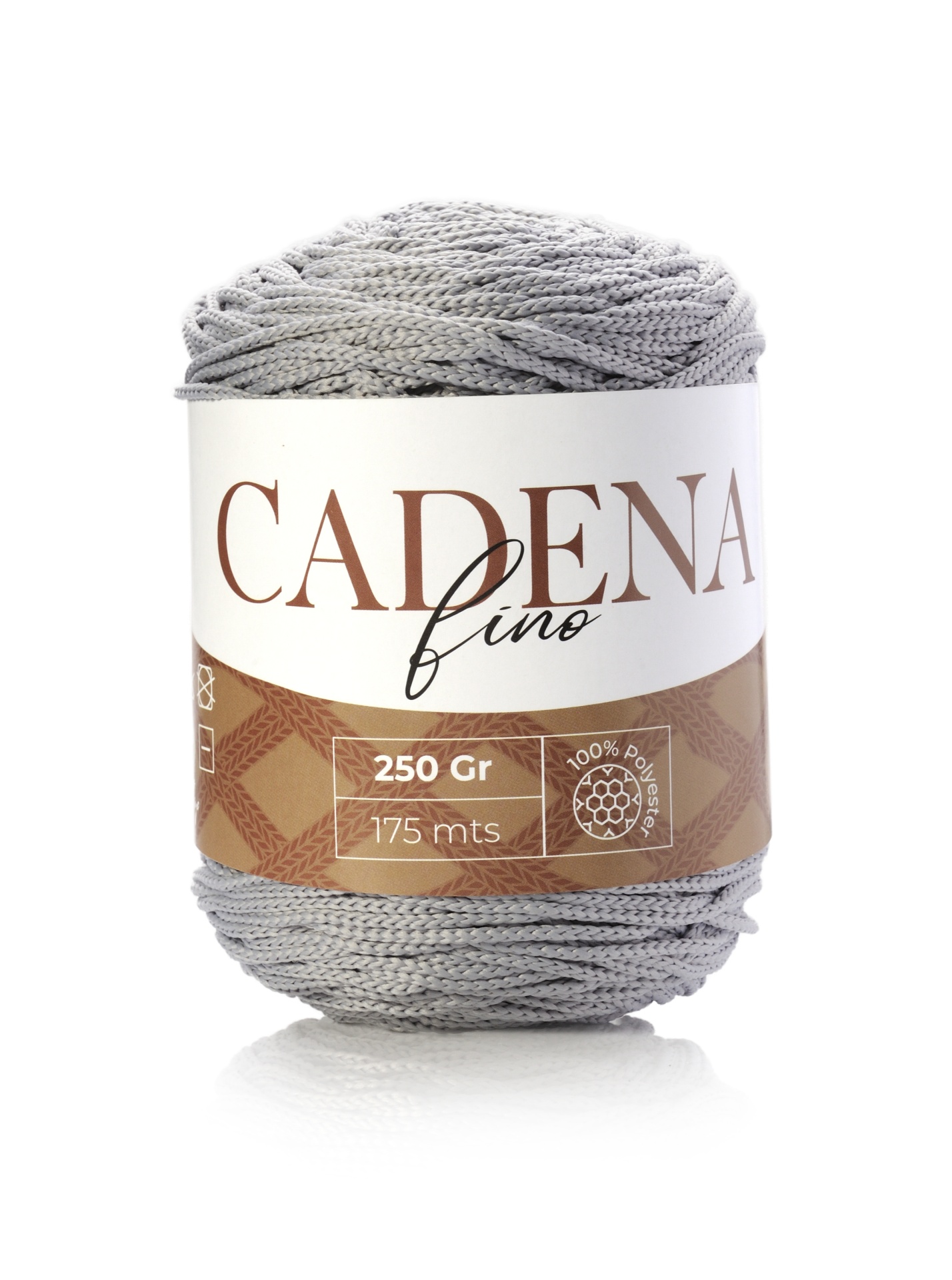 Rolo de linha de algodão cinza claro com rótulo CADENA fino.