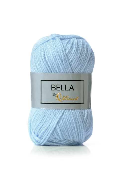 Novelo de lã azul claro com etiqueta cinzenta e preta