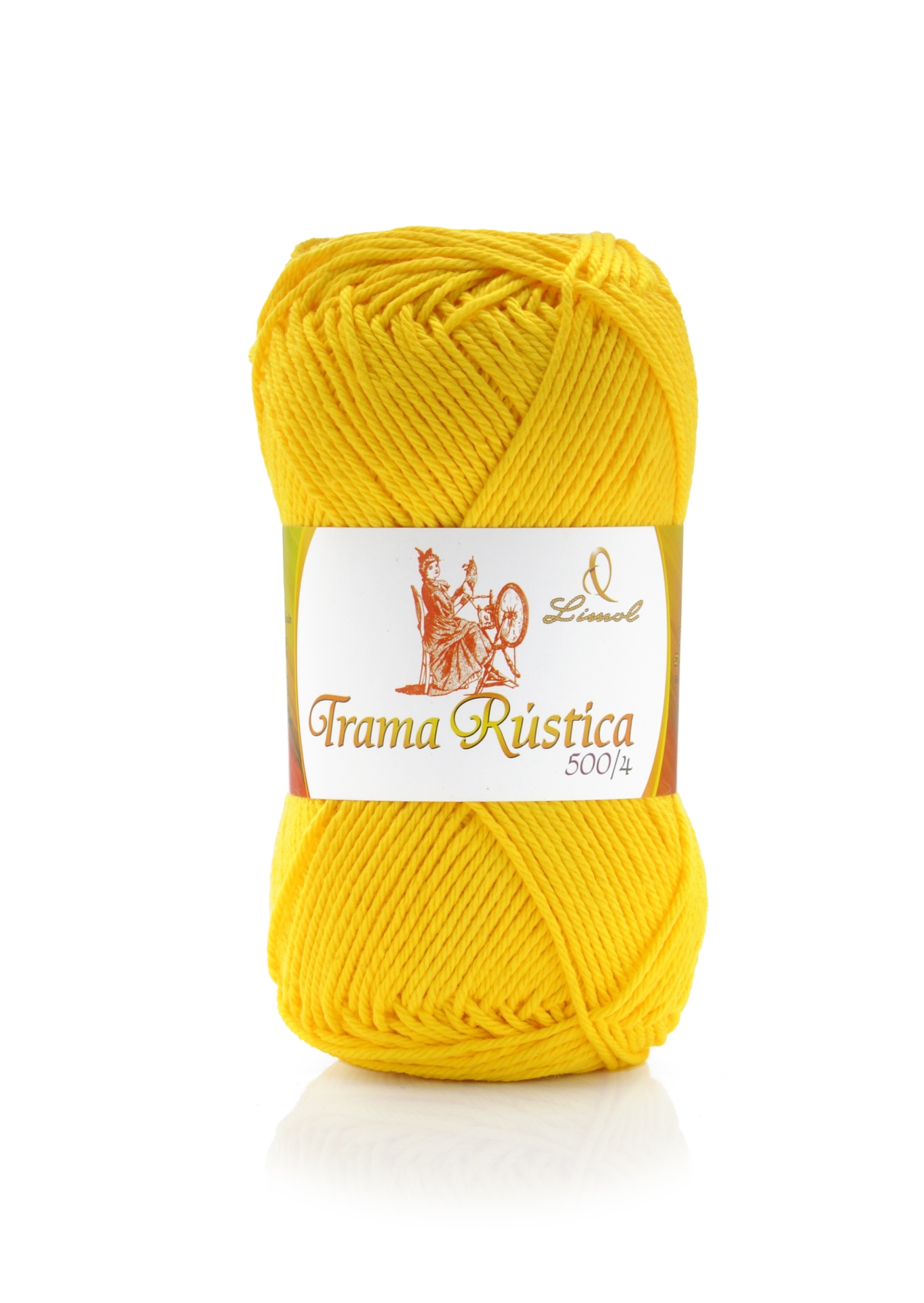 Novelo de lã amarelo com etiqueta branca e desenho castanho