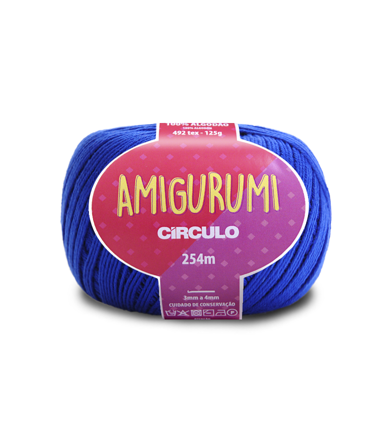 Novelo de fio azul Amigurumi Círculo com etiqueta vermelha.
