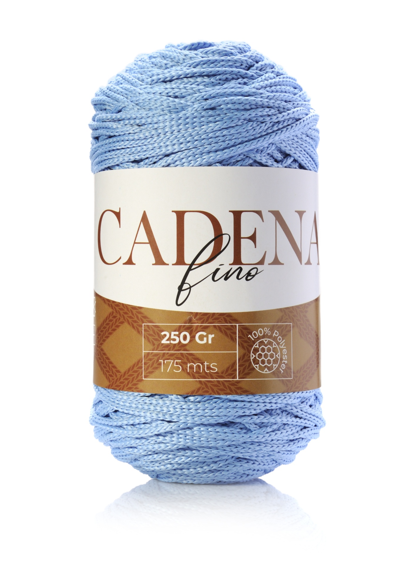 Novelo de fio azul claro CADENA fino com etiqueta branca e castanha