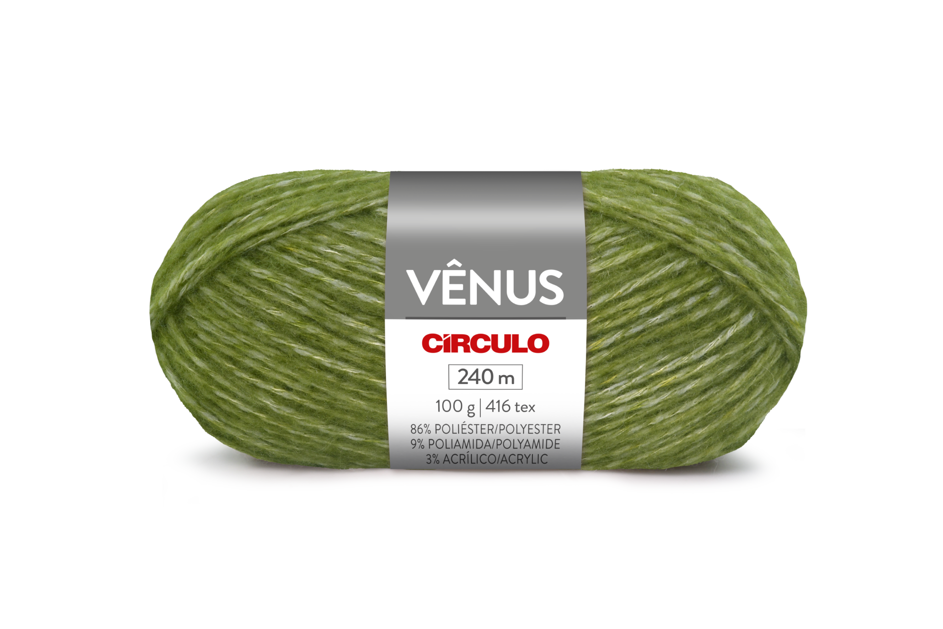 Novelo de lã verde com etiqueta da marca VÊNUS CÍRCULO
