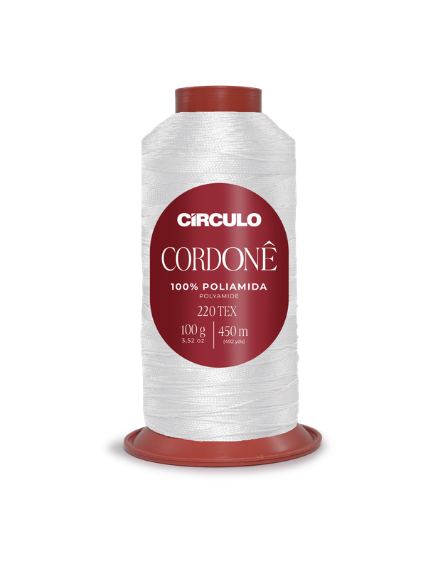 Carretel de linha branca Círculo Cordonê 100% poliamida com rótulo vermelho
