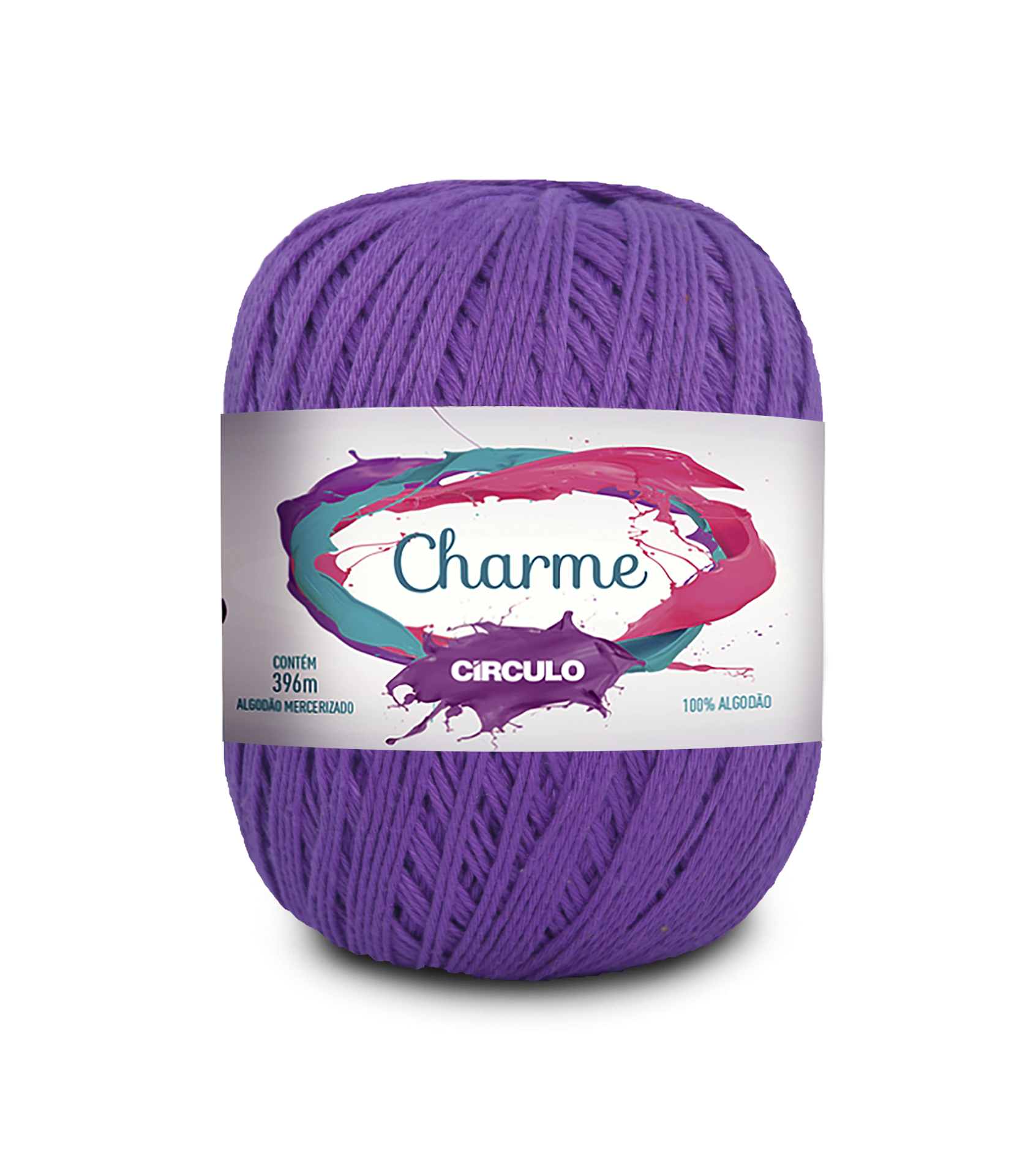 Novelo de fio de algodão roxo com etiqueta branca da marca Charme Círculo
