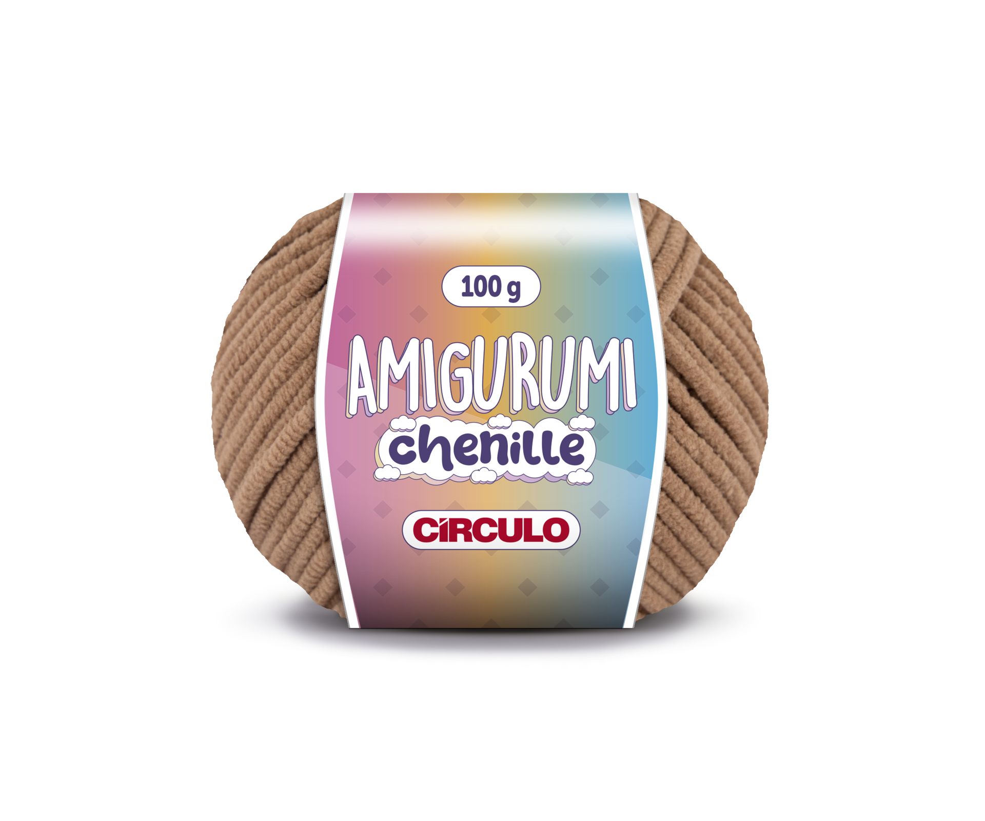 Ovillo de fio chenille castanho claro para amigurumi com etiqueta colorida
