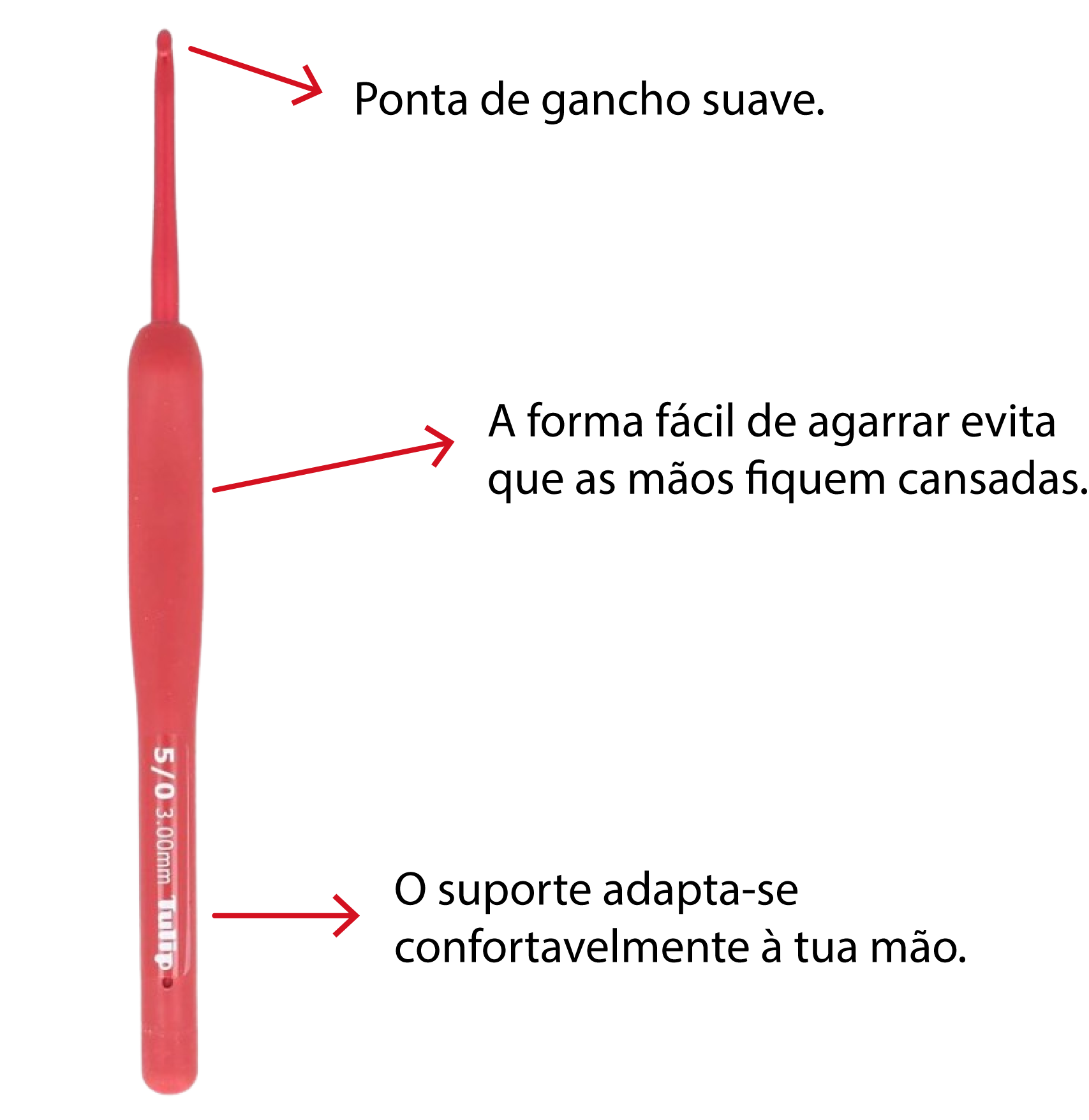 Agulha de crochet vermelha com cabo ergonómico e texto 5/0 3,0mm TULIP