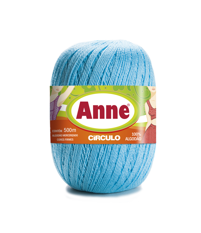 Novelo de fio azul claro 100% algodão com etiqueta da marca Anne