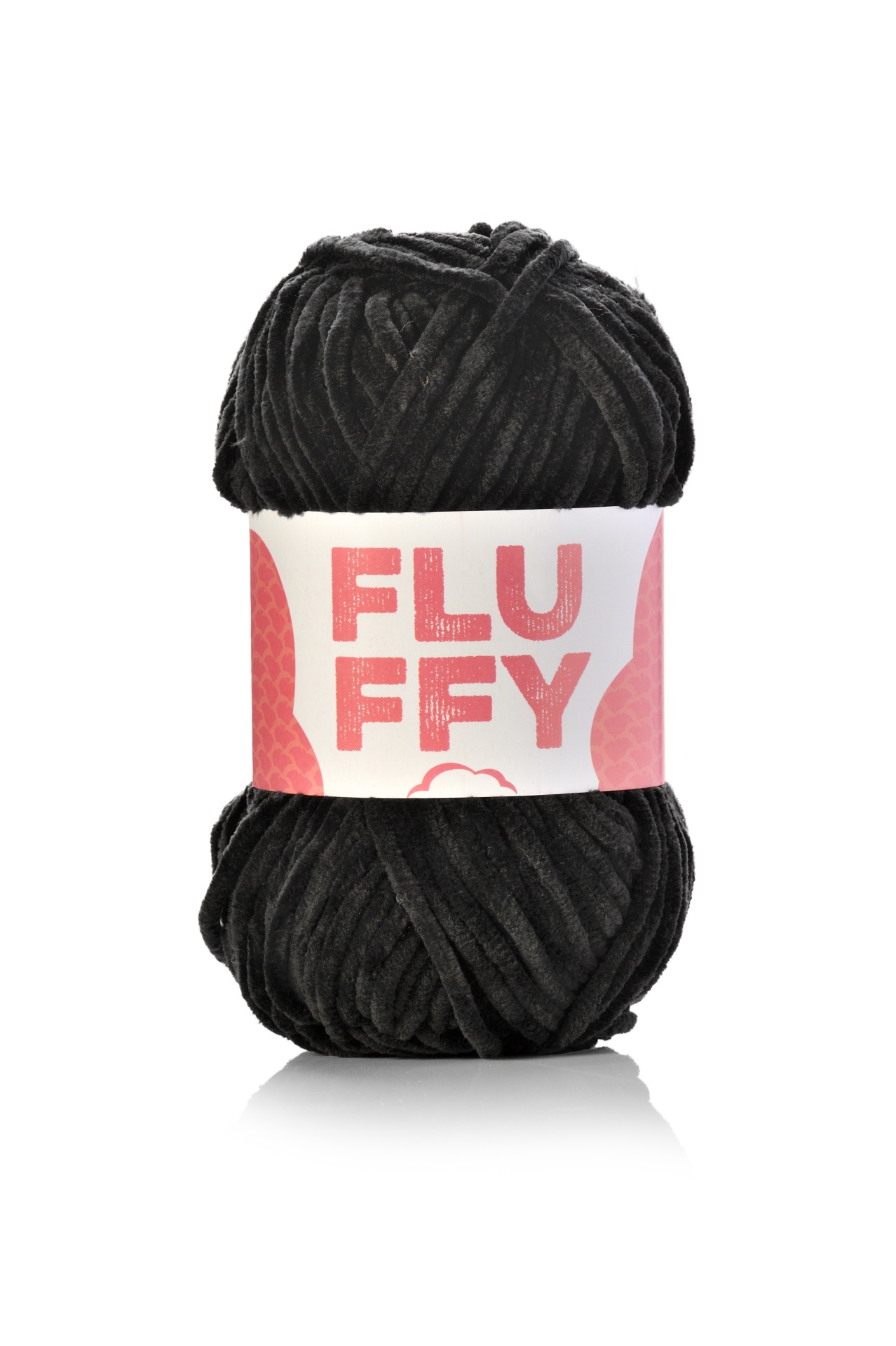 Novelo de fio peludo preto com etiqueta FLUFFY