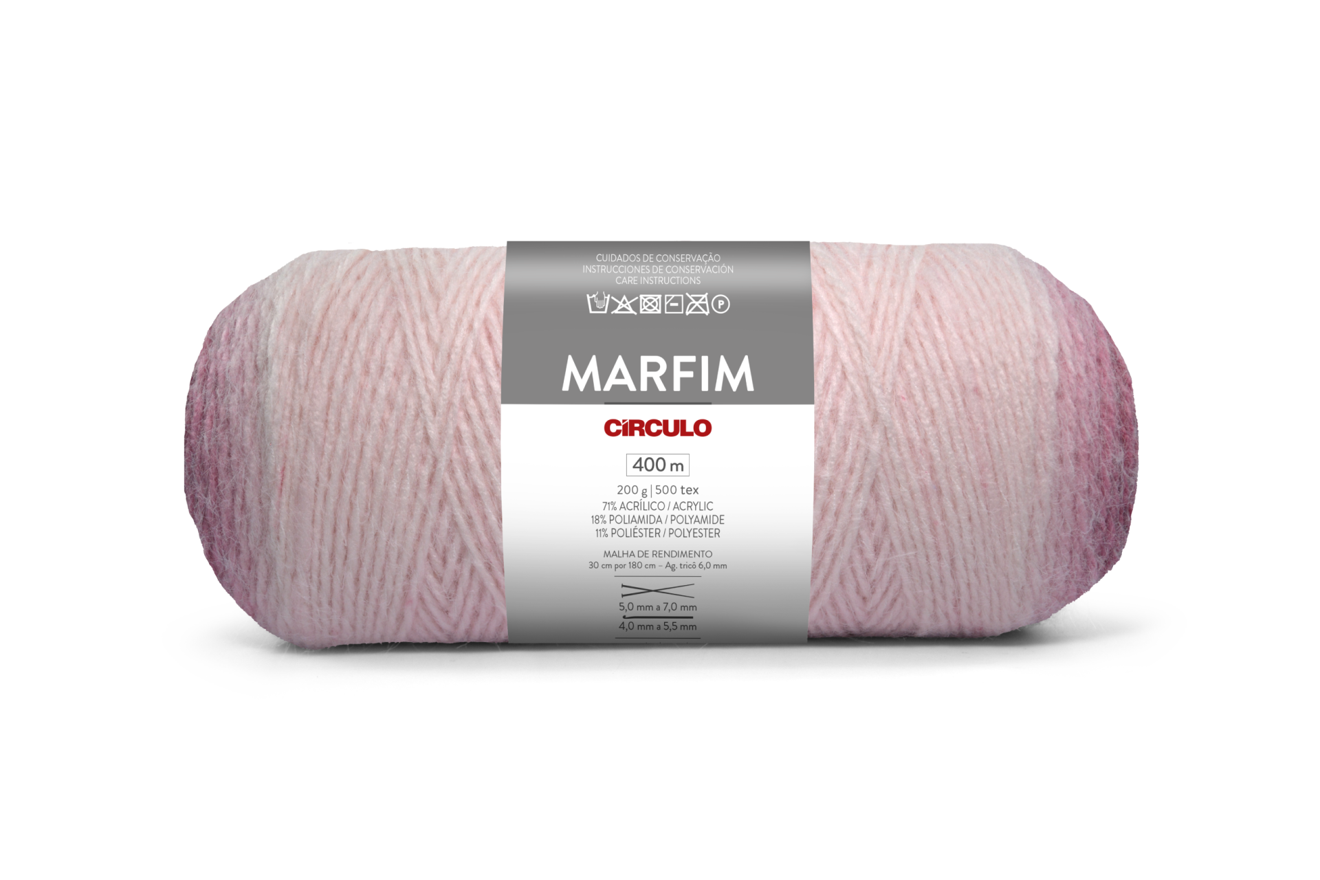 Novelo de fio para tricot em tons rosa e roxo com etiqueta cinza e texto visível