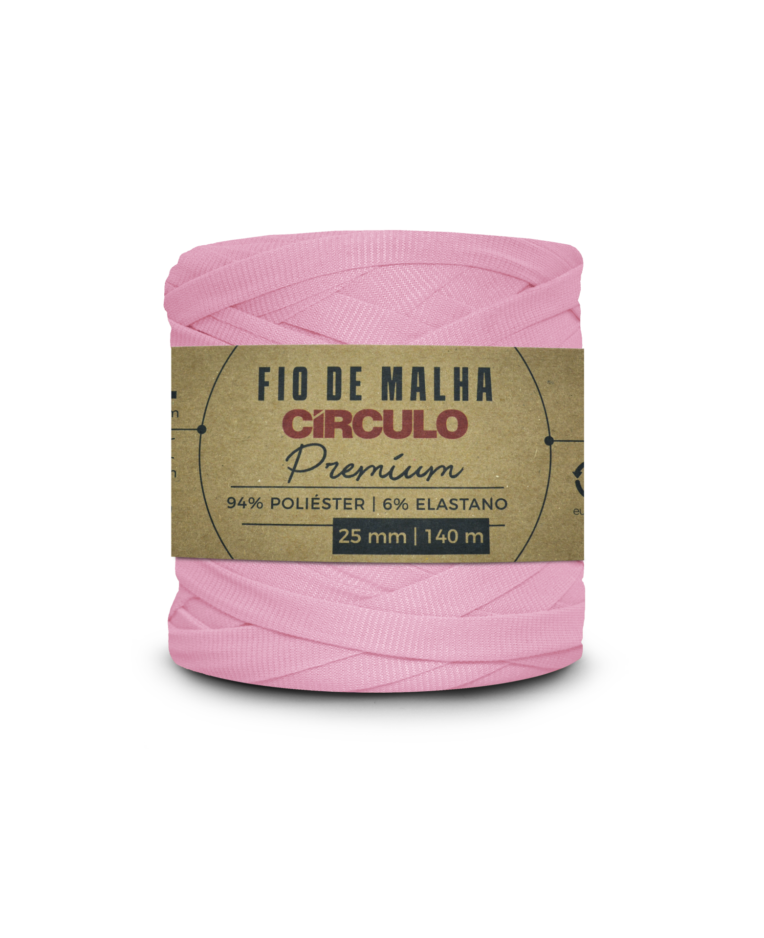 Rolo de fio de malha cor-de-rosa com etiqueta Círculo