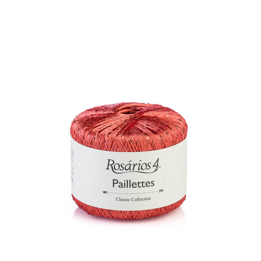 Novelo de fio vermelho brilhante com lantejoulas da marca Rosários 4