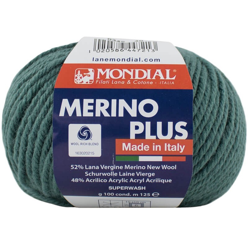 Novelo de lã Merino Plus Mondial verde-azulado com etiqueta colorida