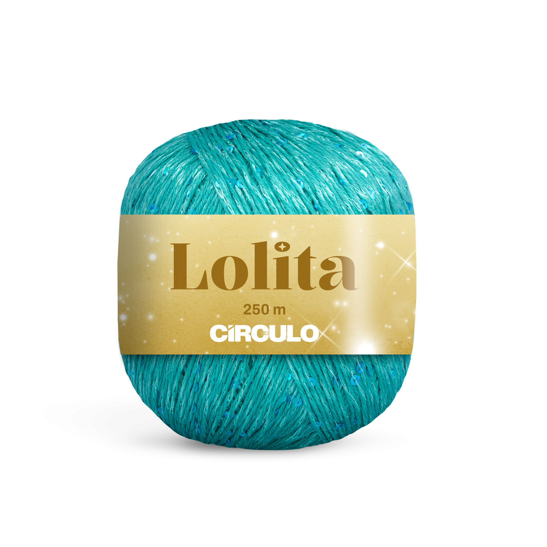 Novelo de fio turquesa com brilhos, marca CIRCULO e nome Lolita