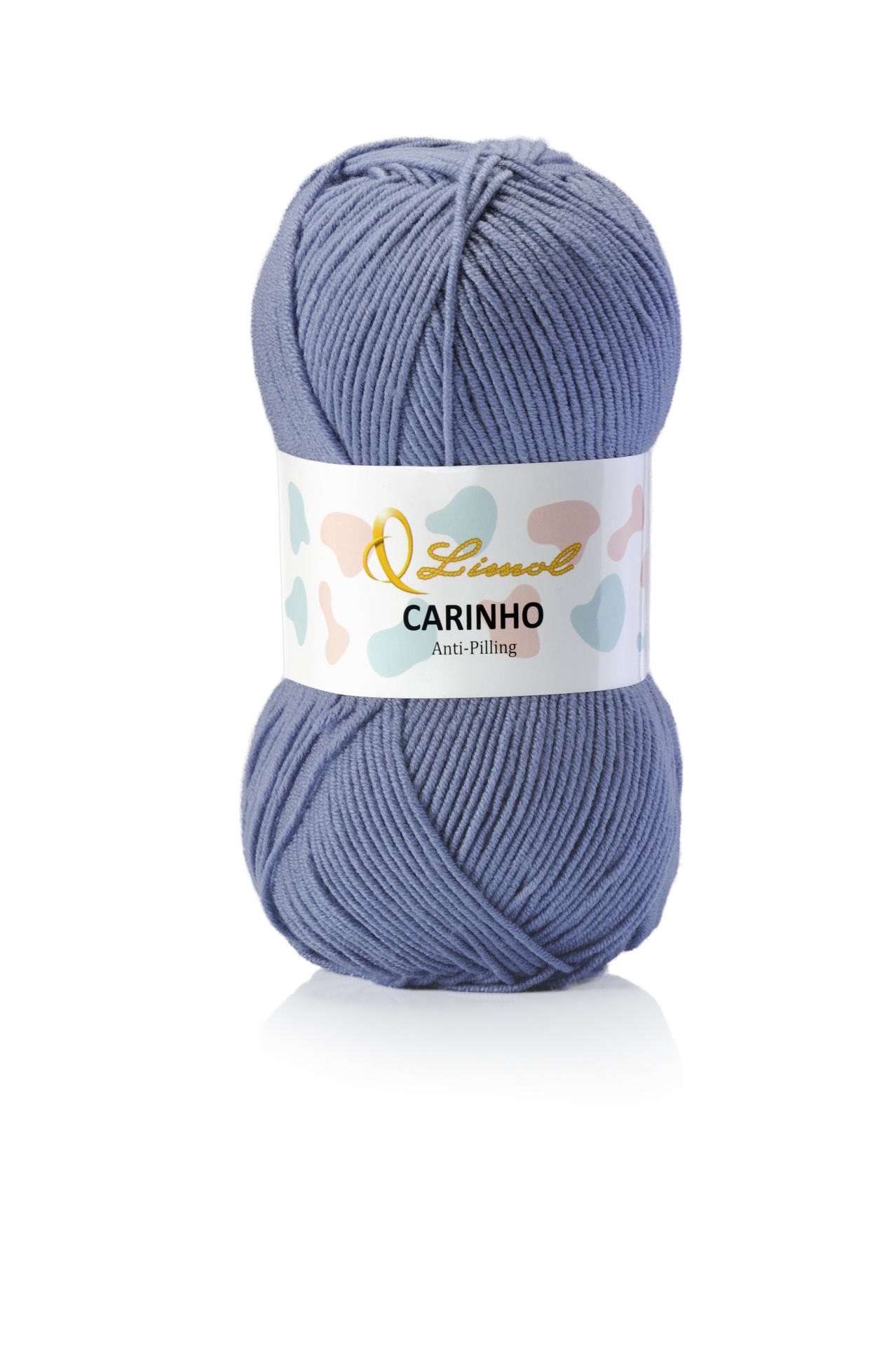 Novelo de lã azul com rótulo branco e texto.