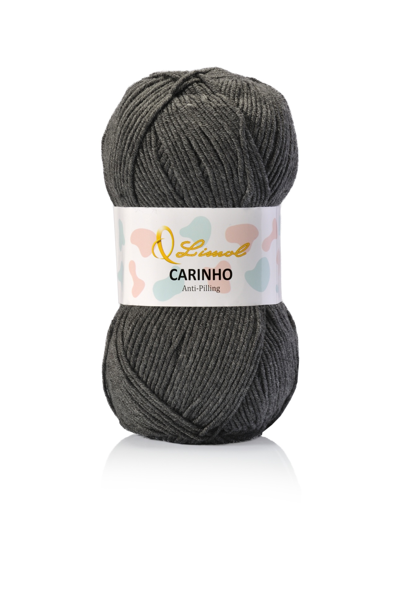 Novelo de lã cinzenta com etiqueta branca e texto Limol CARINHO Anti-Pilling