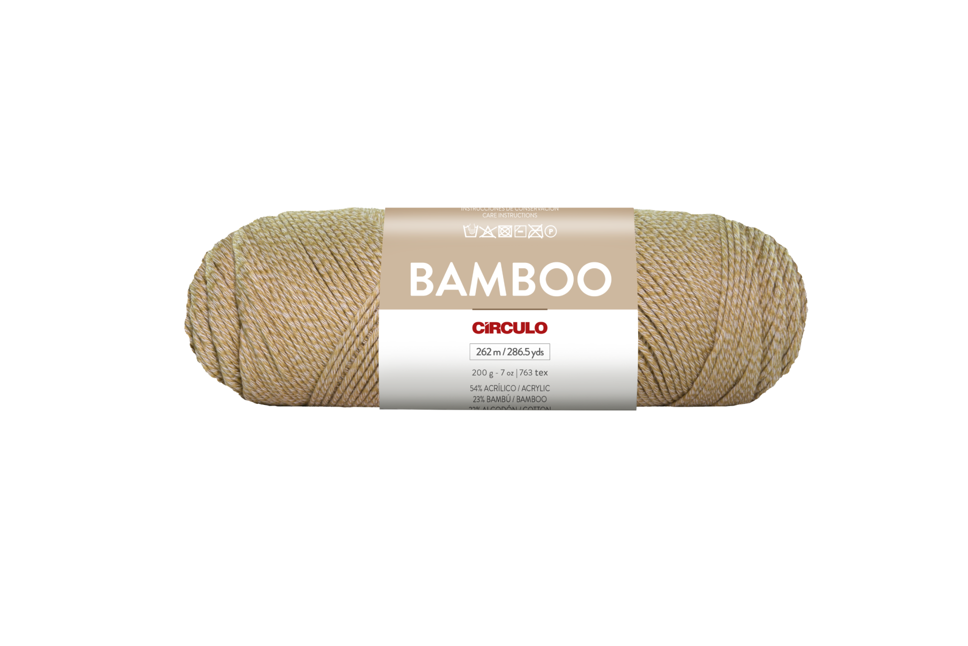 Novelo de fio bege claro com etiqueta BAMBOO CIRCULO