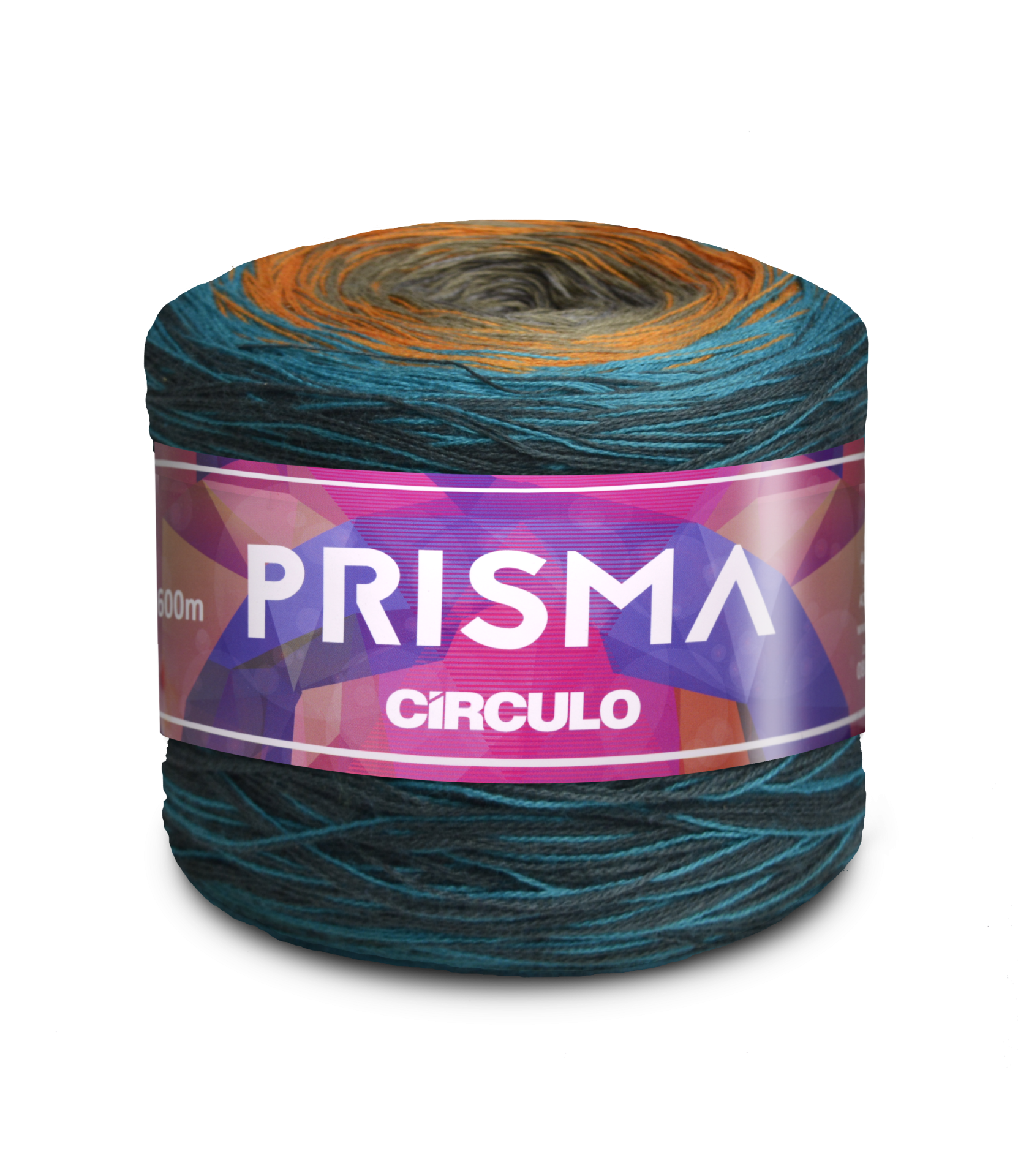 Novelo de fio multicolorido PRISMA CÍRCULO com etiqueta roxa e cor-de-rosa