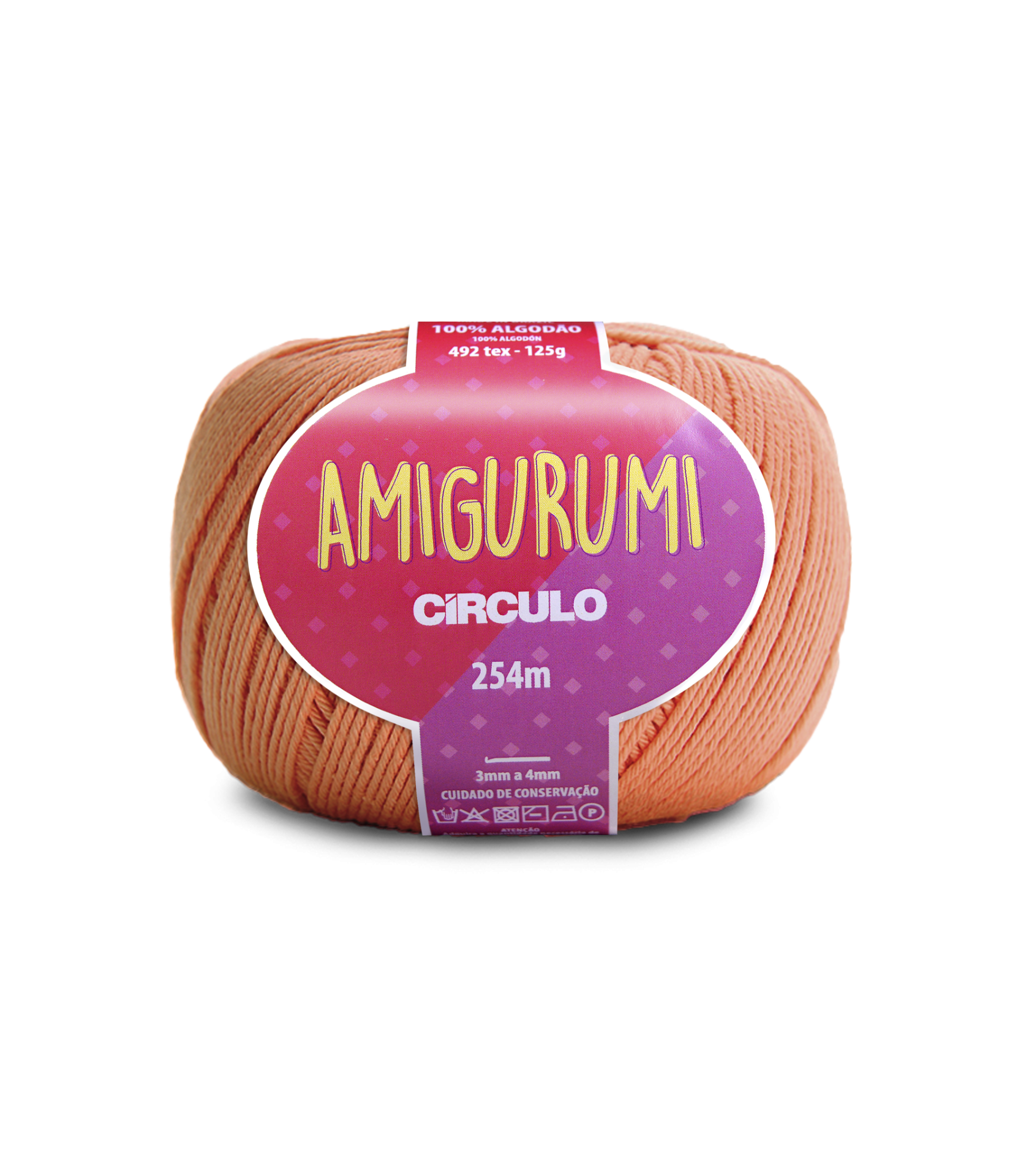 Novelo de fio de algodão salmão com rótulo roxo e vermelho