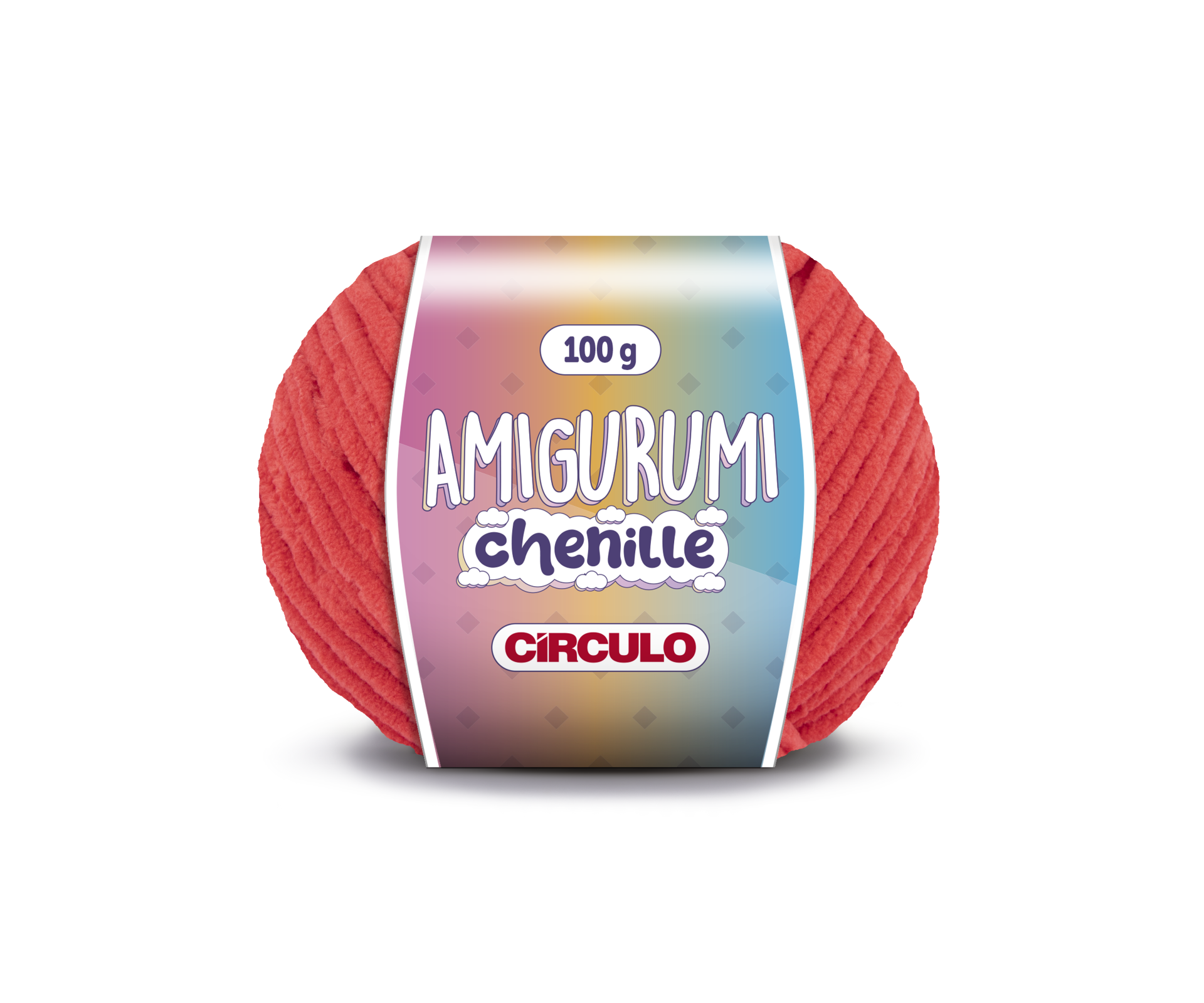 Novelo de lã coral com rótulo colorido