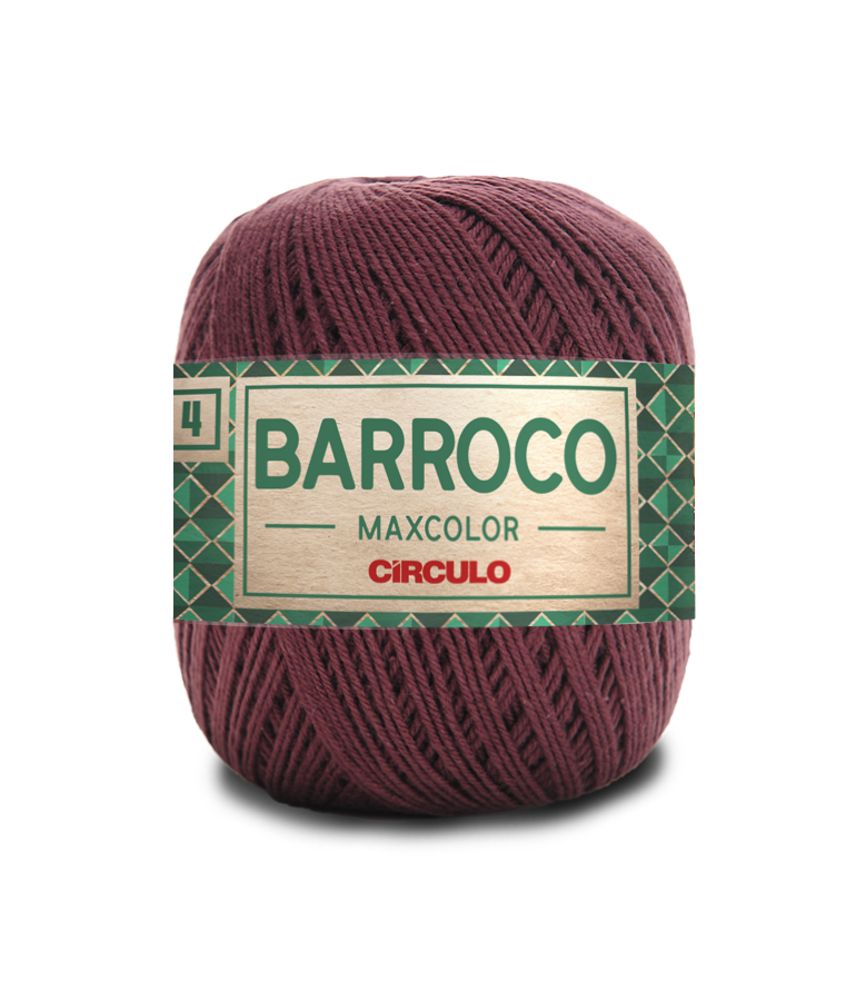 Novelo de linha vermelho vinho com etiqueta verde e bege da marca Círculo