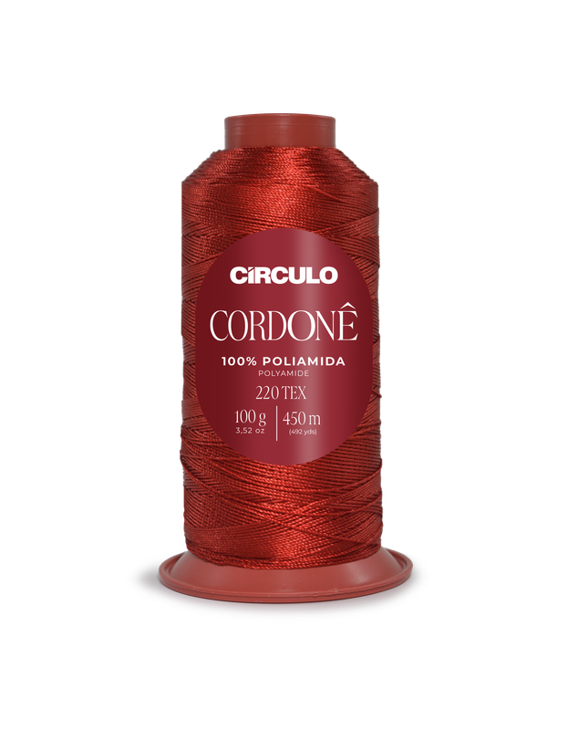 Carretel de linha vermelha Círculo Cordonê 100% poliamida 220 TEX 100g 450m