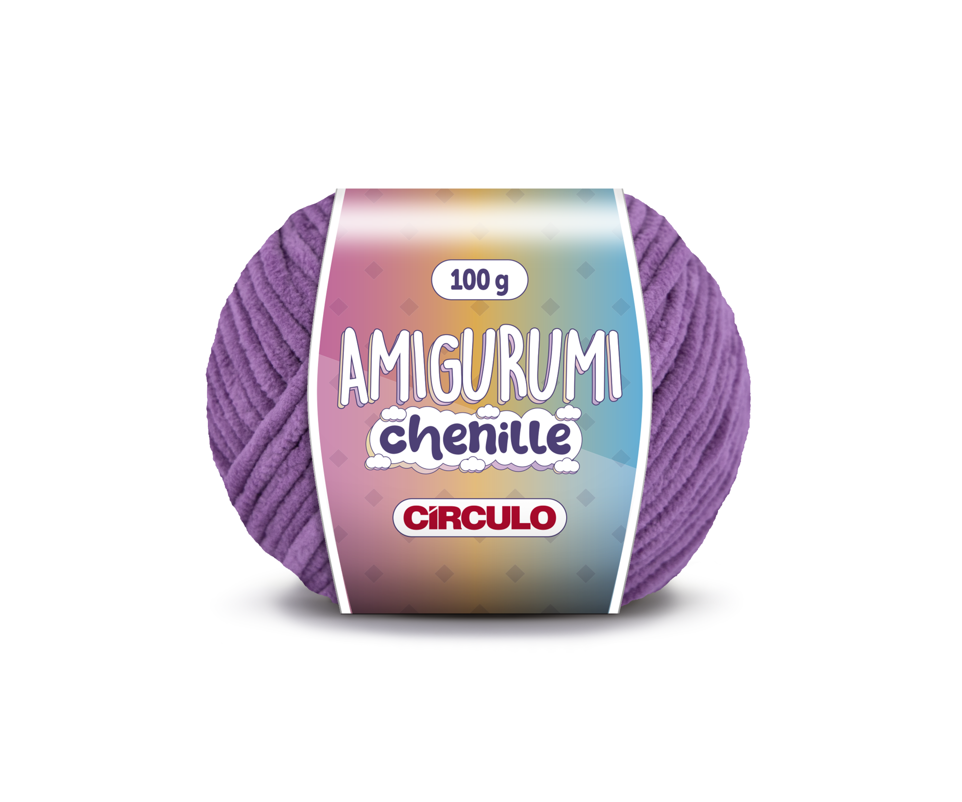 Novelo de lã chenille lilás com etiqueta colorida