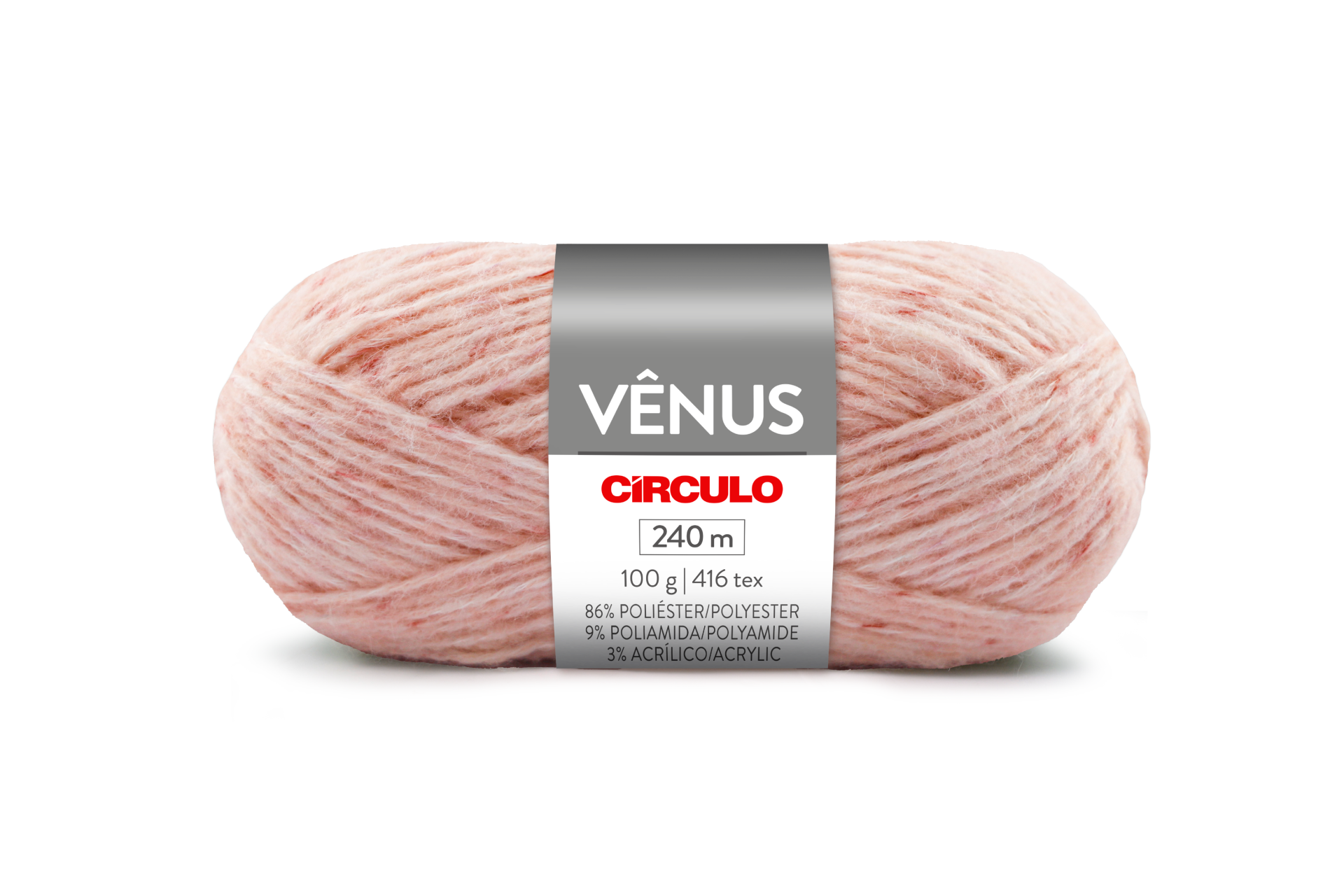 Novelo de lã rosa claro com etiqueta VÊNUS CÍRCULO