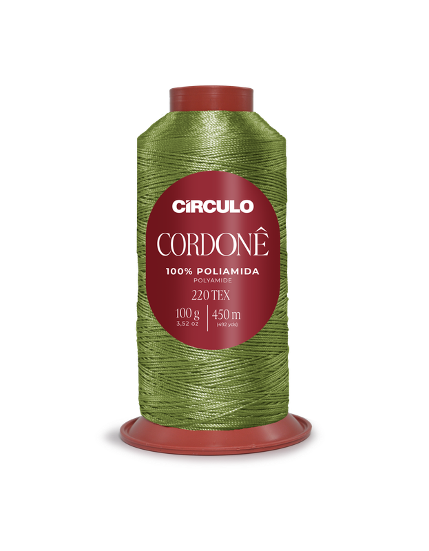 cone de linha verde Círculo Cordonê com etiqueta vermelha