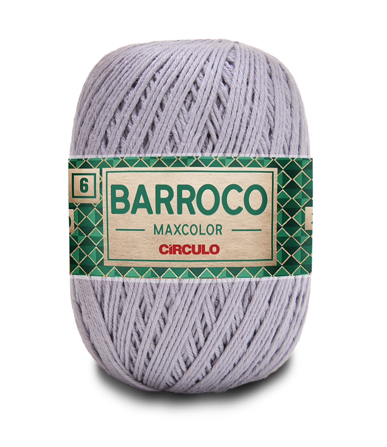 Novelo de fio de algodão lilás com etiqueta verde e dourada