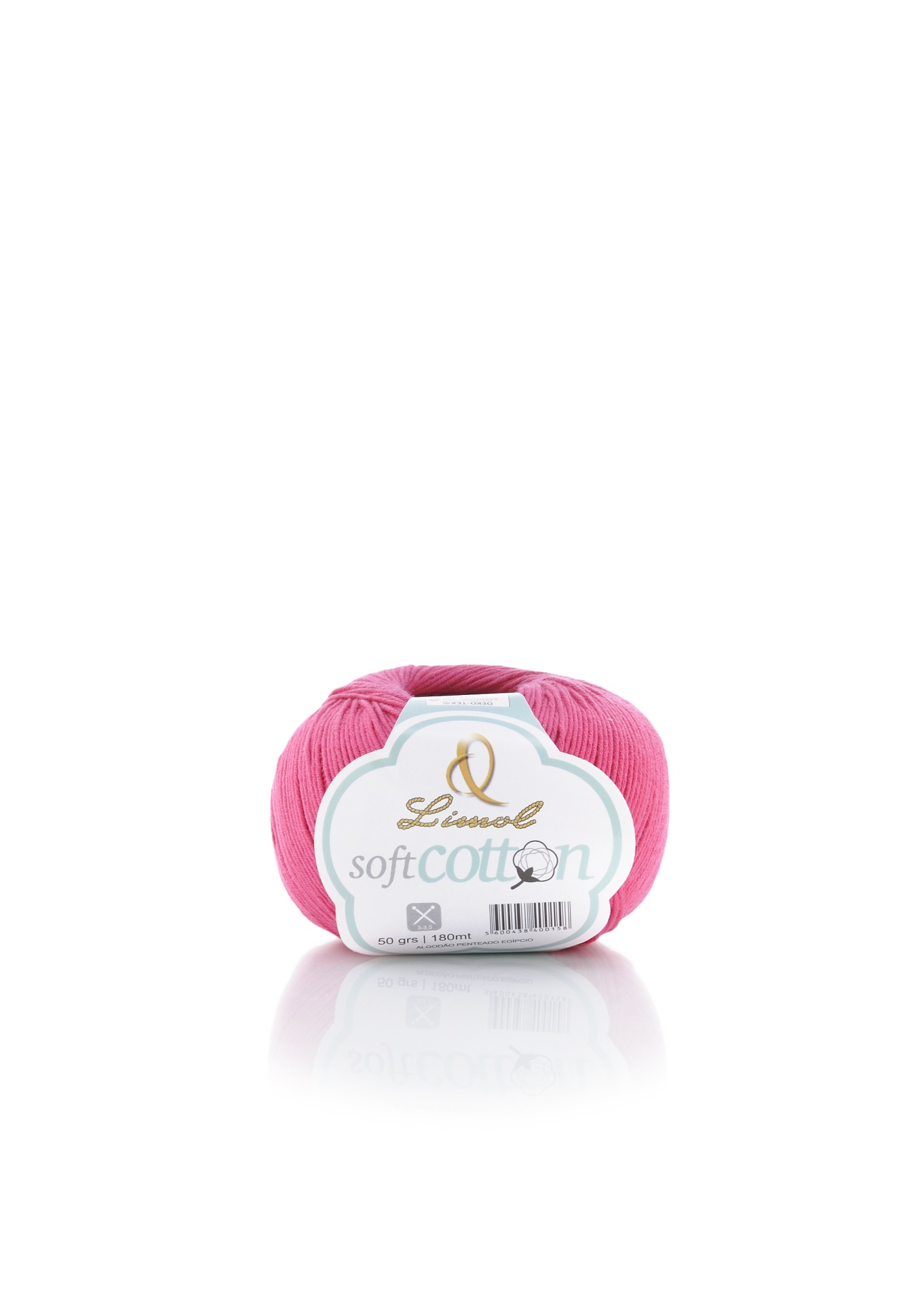 Novelo de fio cor de rosa da marca Liseol com etiqueta soft Cotton