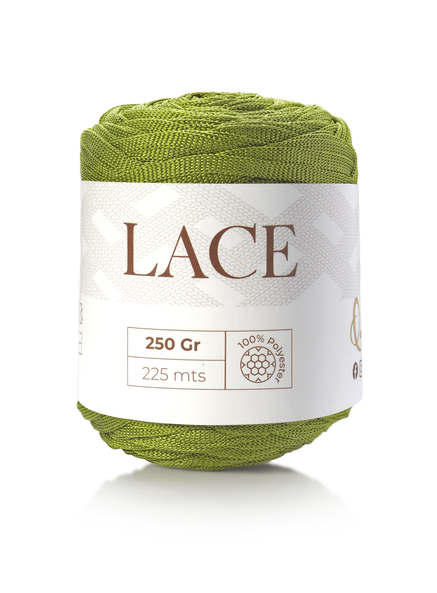 Novelo de fio verde olive com etiqueta indicando 'LACE', 250 gr, 225 mts, 100% poliéster