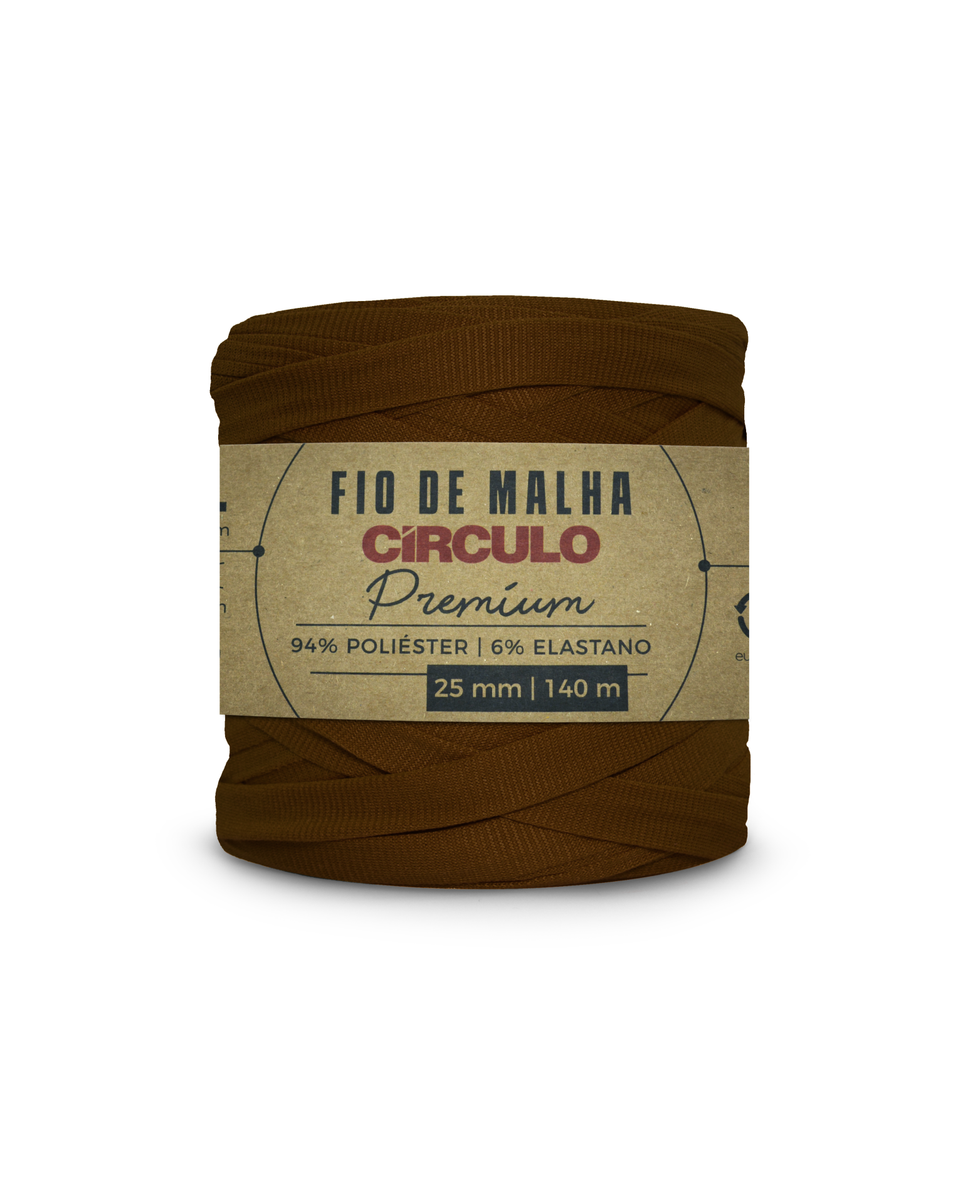 Bobina de fio de malha castanha Círculo Premium com etiqueta de composição e medidas.