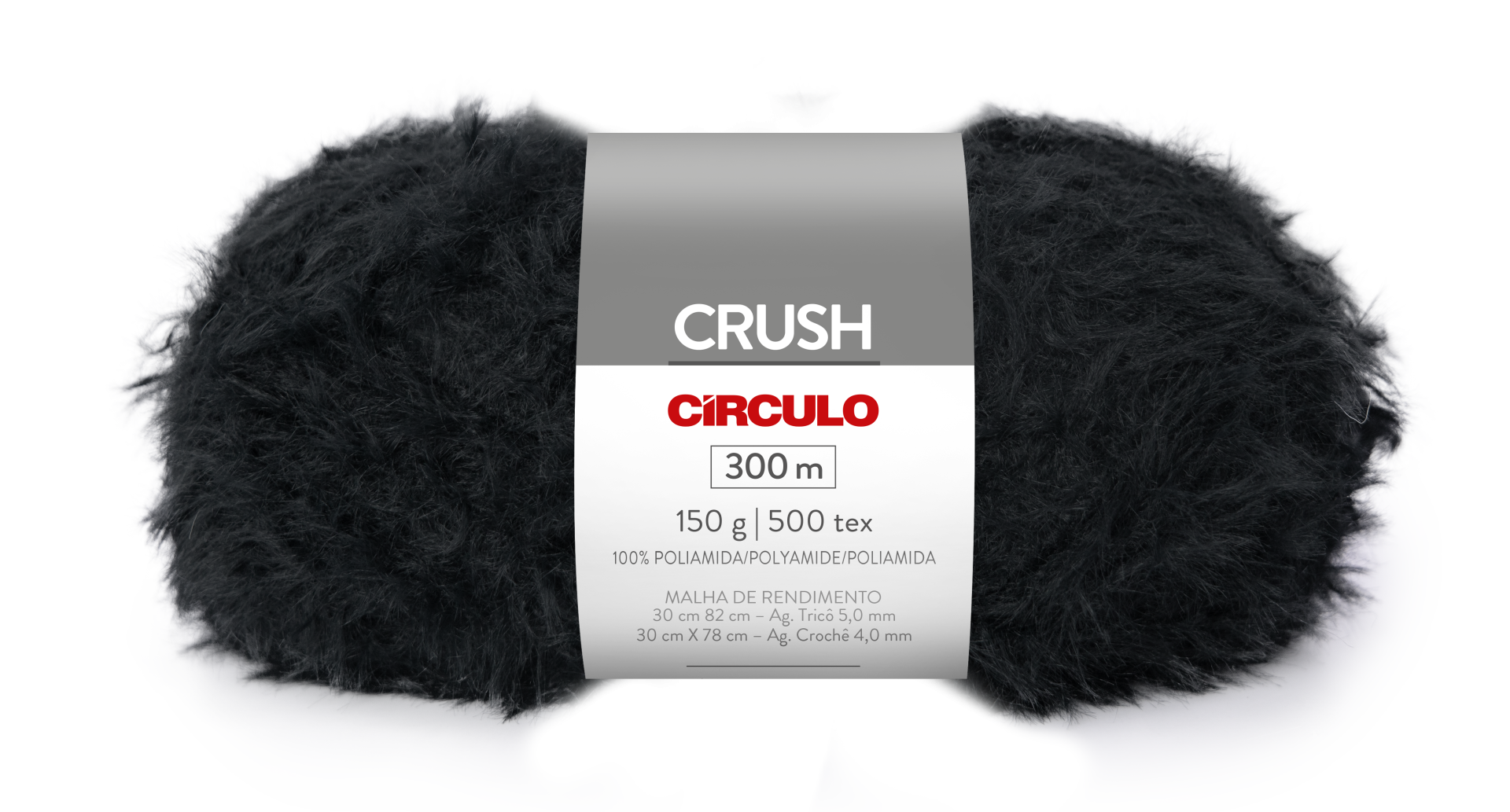 Novelo de fio preto felpudo com etiqueta CRUSH CÍRCULO 300 m 150 g 500 tex 100% poliamida