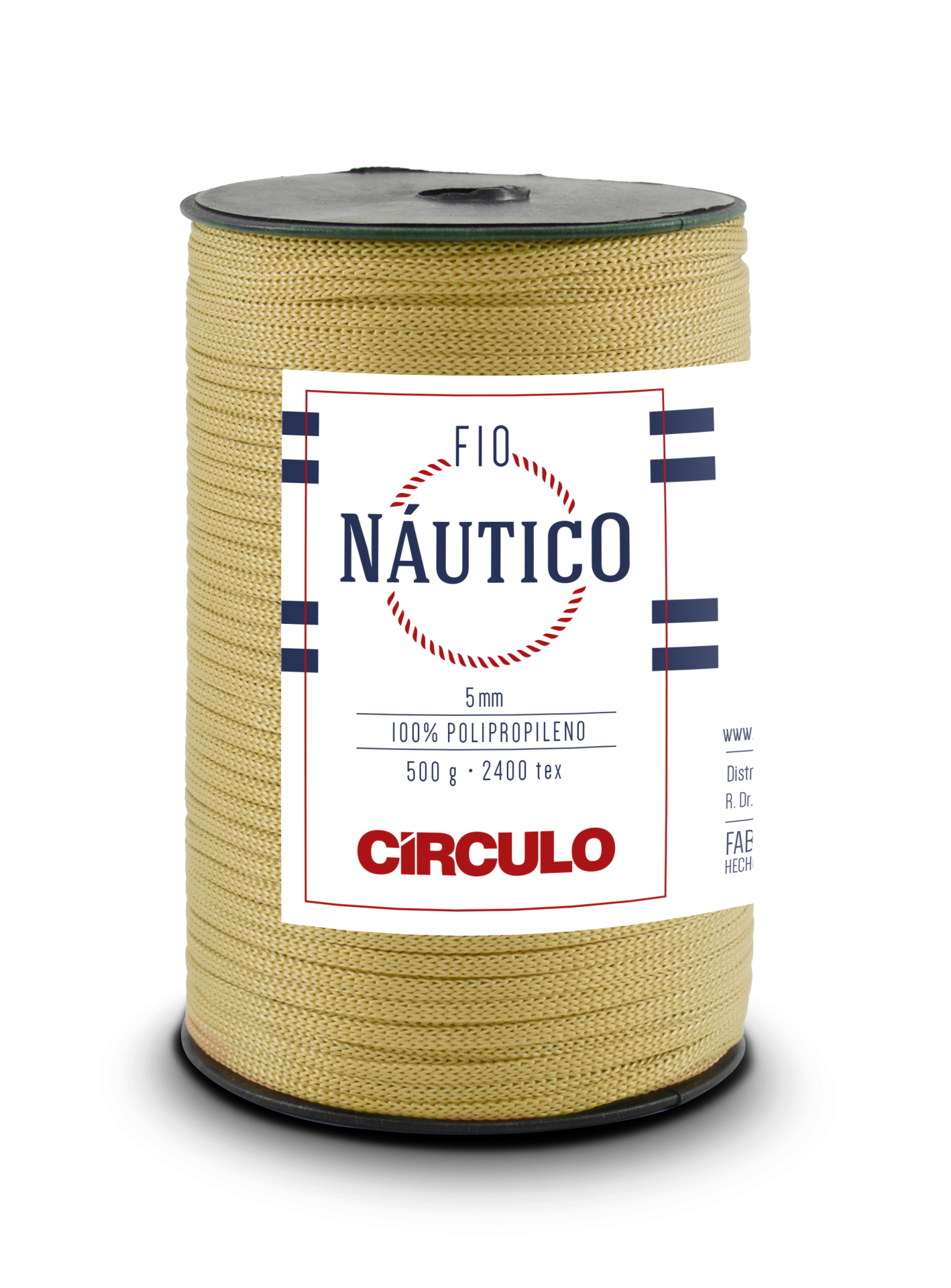 Rolo de fio náutico amarelo bege com etiqueta branca e texto informativo