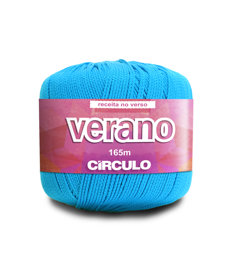 Novelo de fio azul claro com embalagem rosa e texto Verano 165m CIRCULO