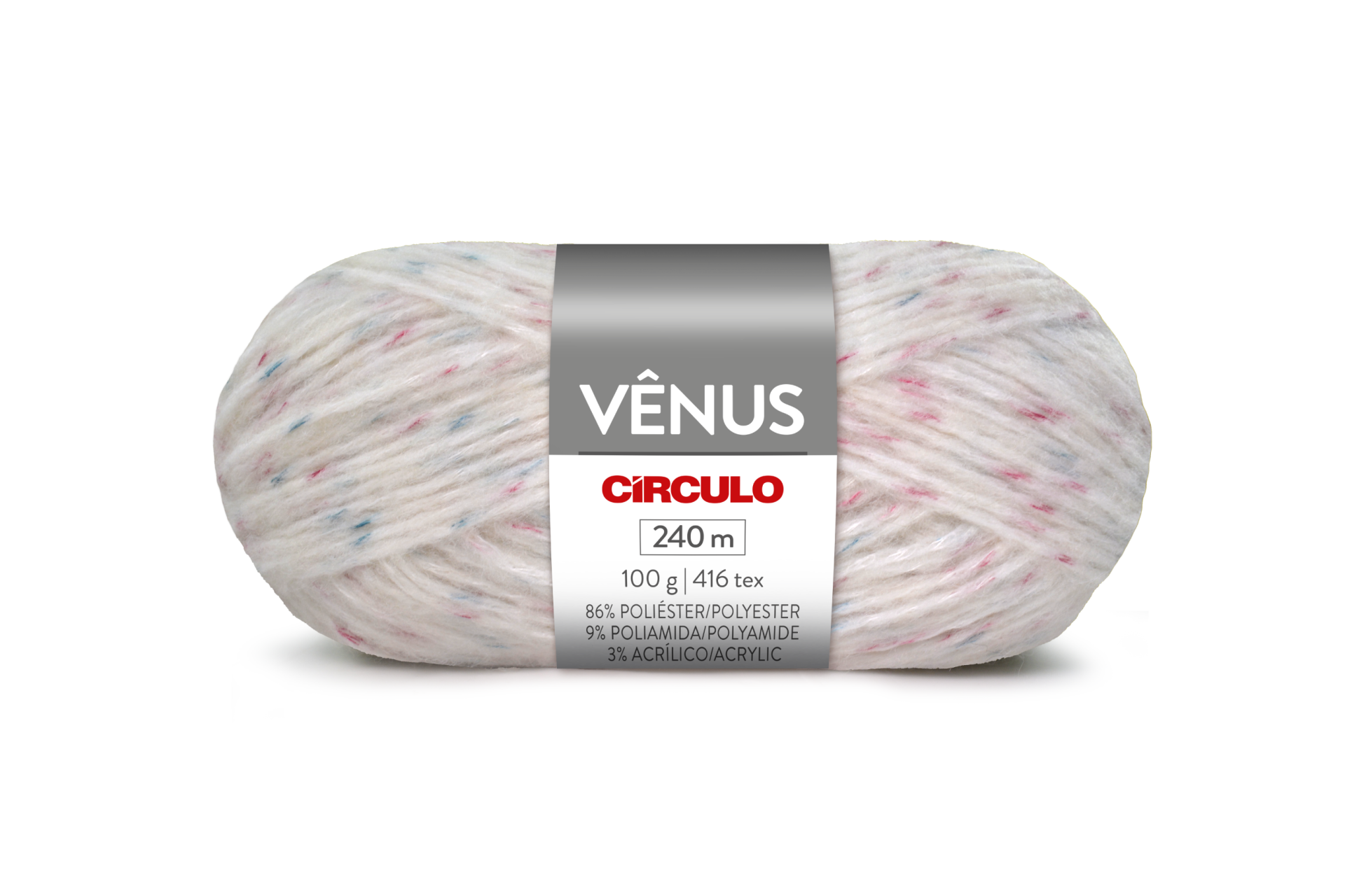 Novelo de fio branco com pontos coloridos e etiqueta cinzenta da marca VÊNUS