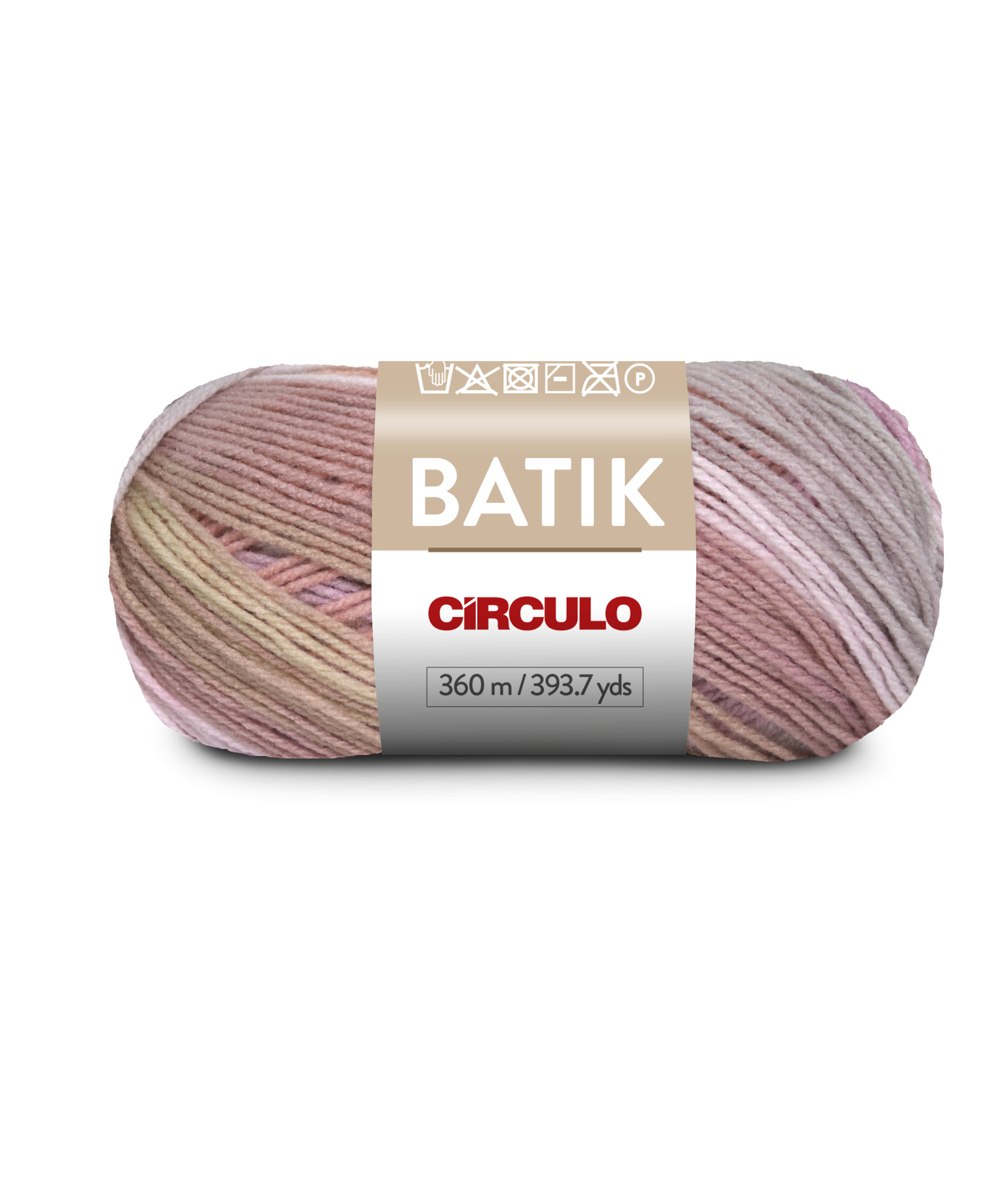 Novelo de lã multicolorida com etiqueta da marca CÍRCULO BATIK.