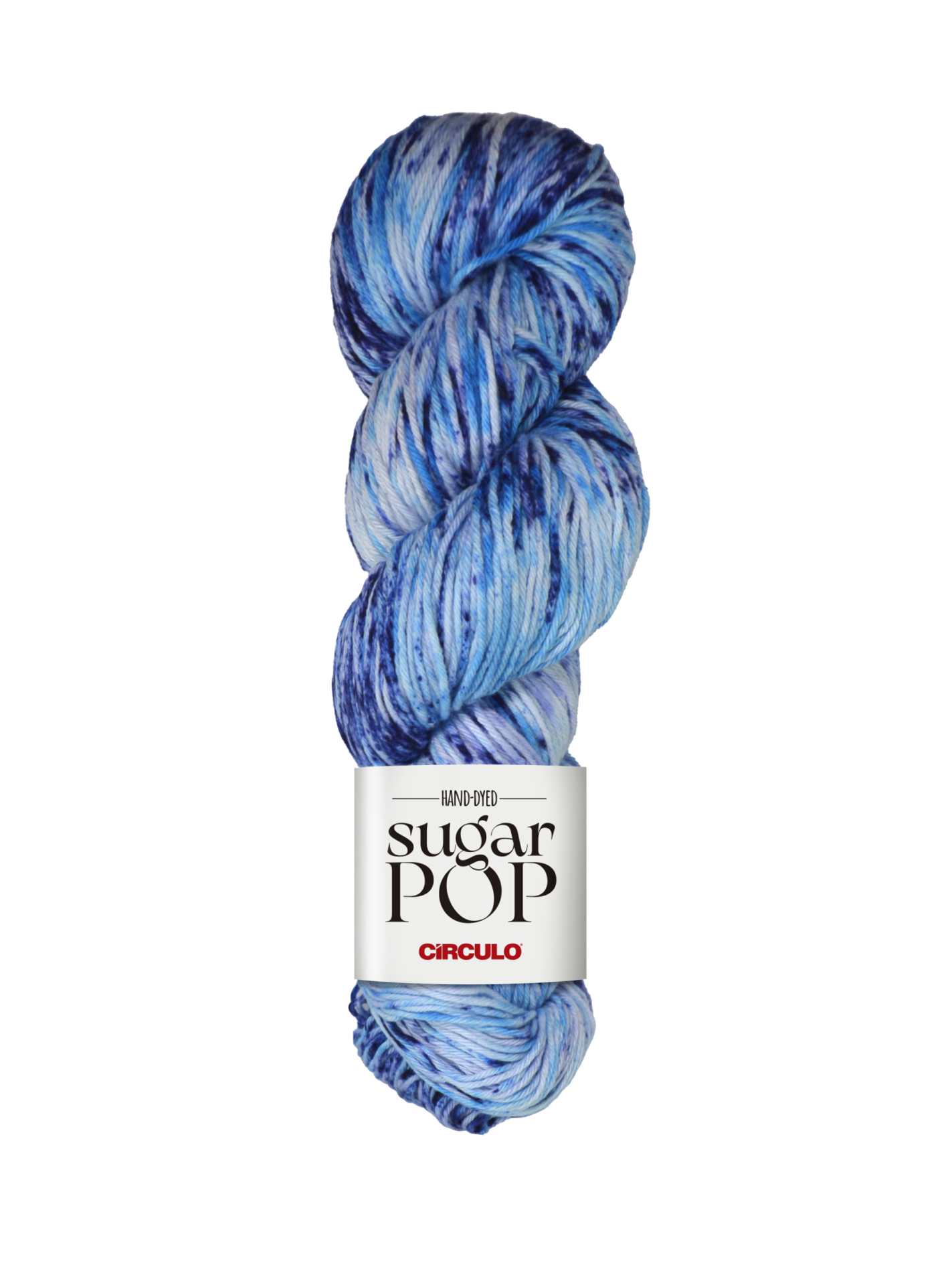 Skein de fio azul com etiqueta branca 'HAND DYED sugar POP CÍRCULO'