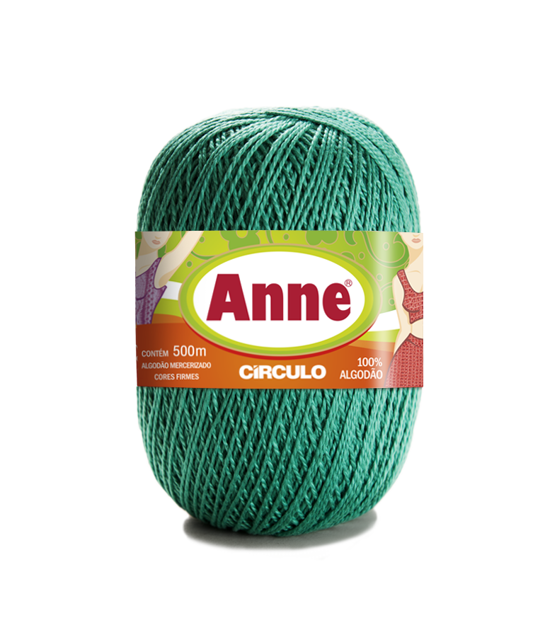 Novelo de fio verde 100% algodão com rótulo da marca Anne