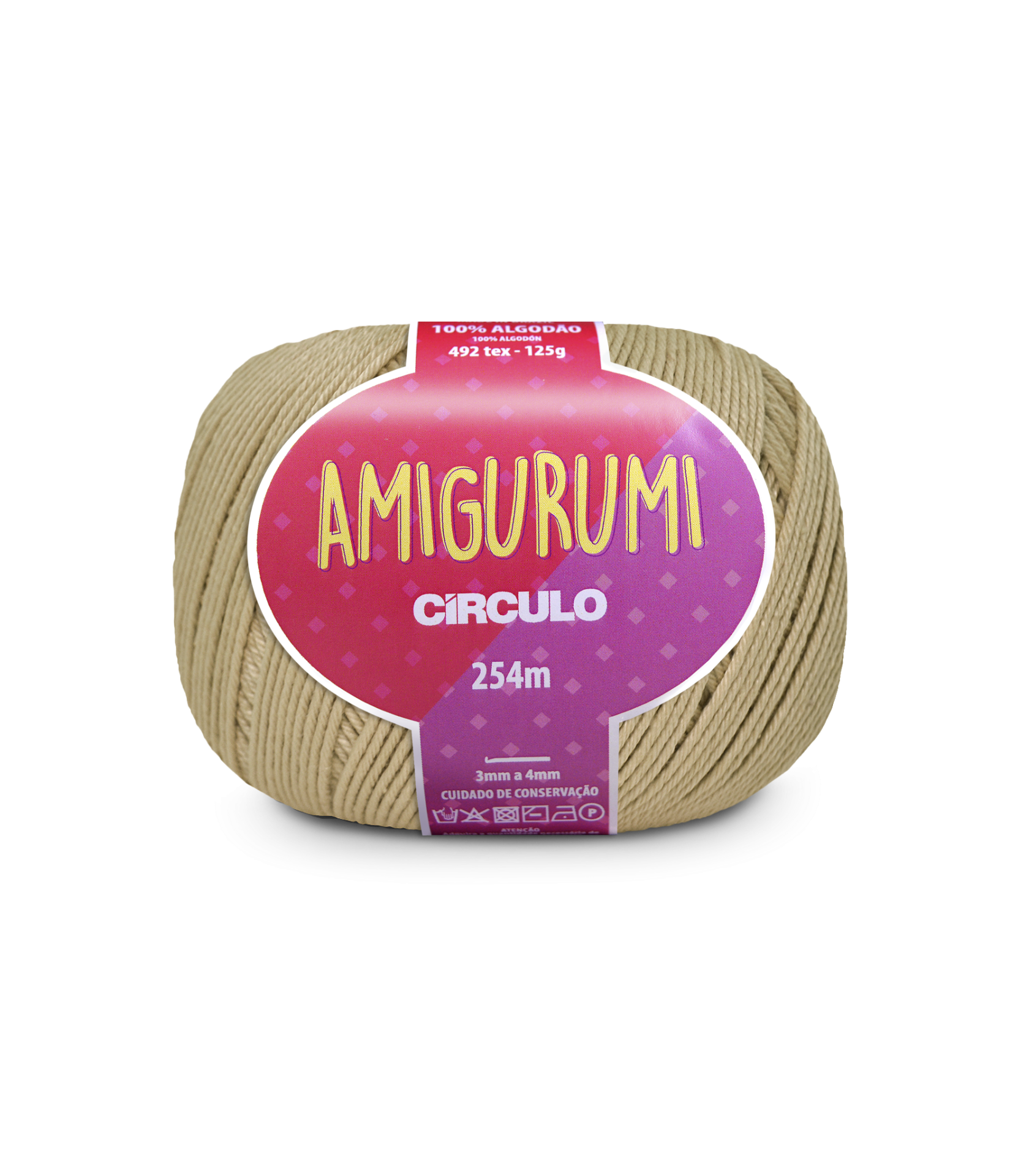 Fio de algodão bege com etiqueta roxa vermelha AMIGURUMI CÍRCULO