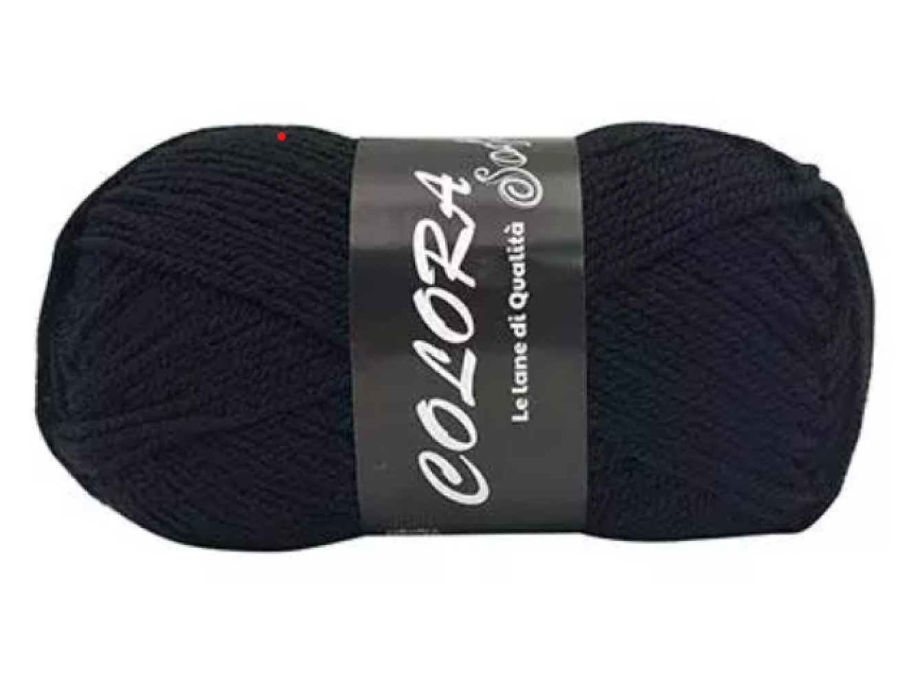 Novelo de lã preto com etiqueta preta e texto branco