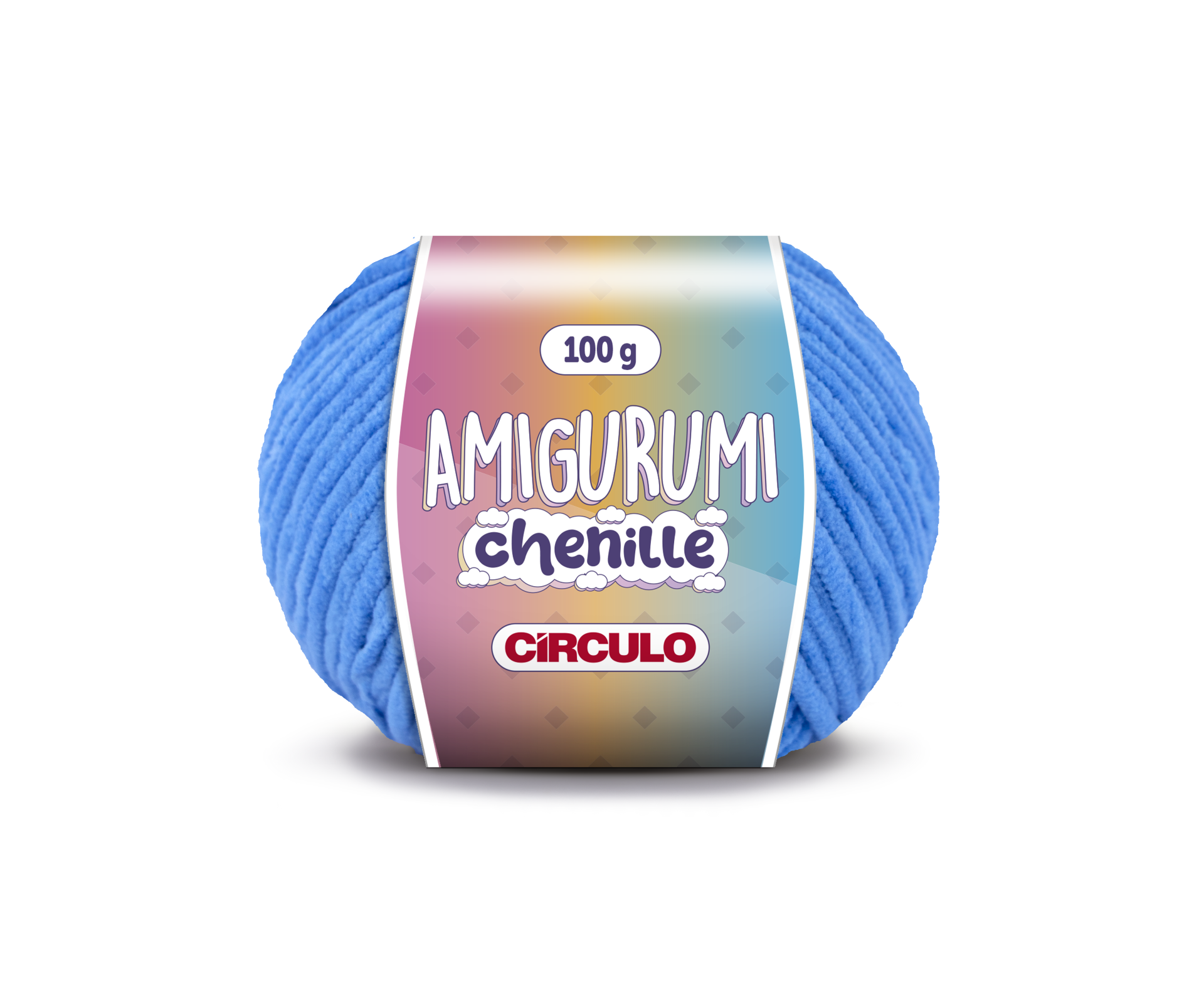 Novelo de lã azul para amigurumi com etiqueta colorida