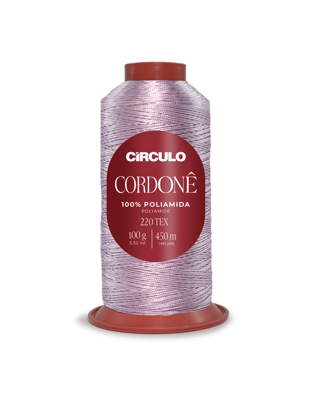 Carretel de linha roxa cintilante CÍRCULO CORDONÊ 100% poliamida com etiqueta vermelha