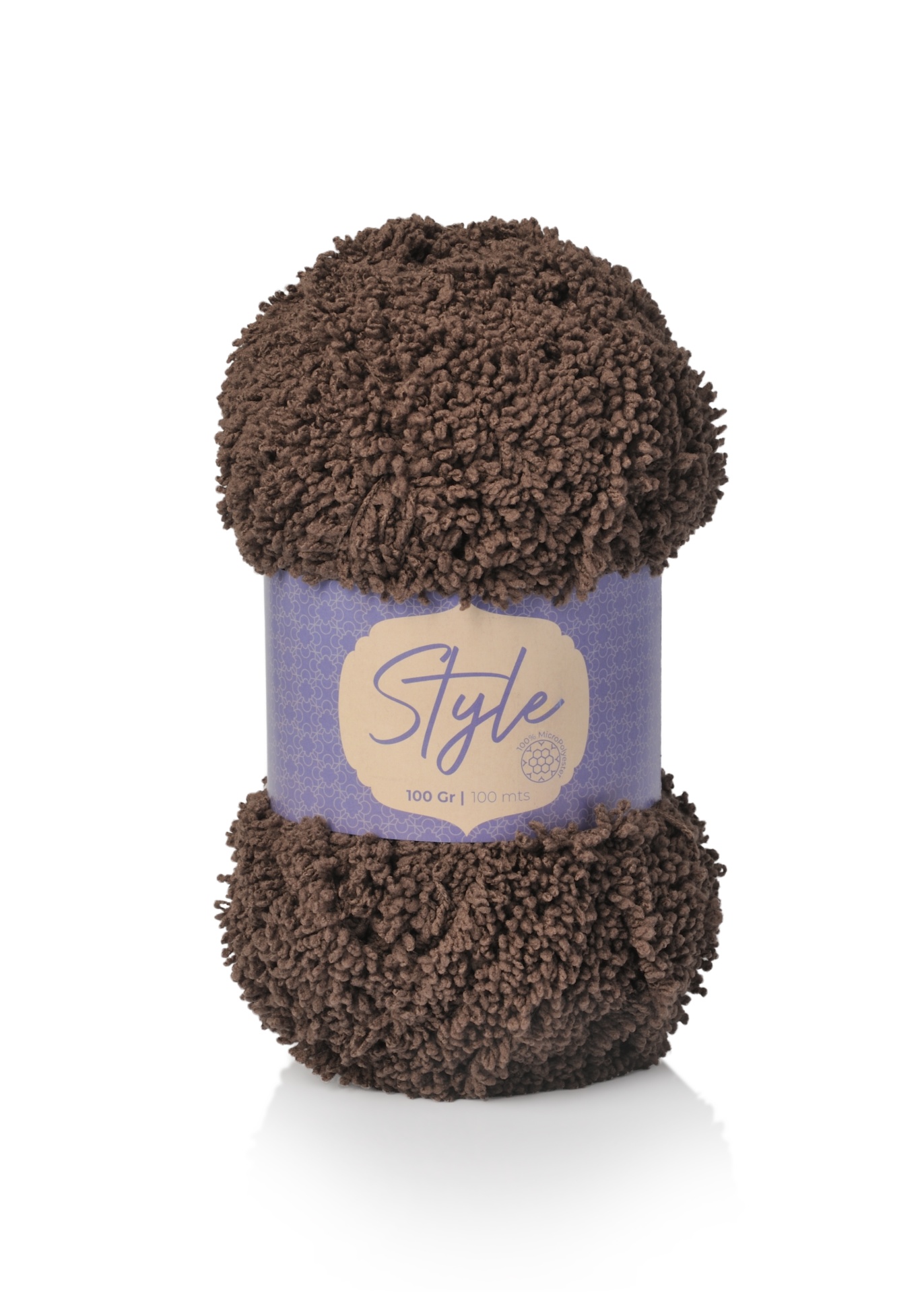 Novelo de lã castanha com etiqueta roxa e texto Style