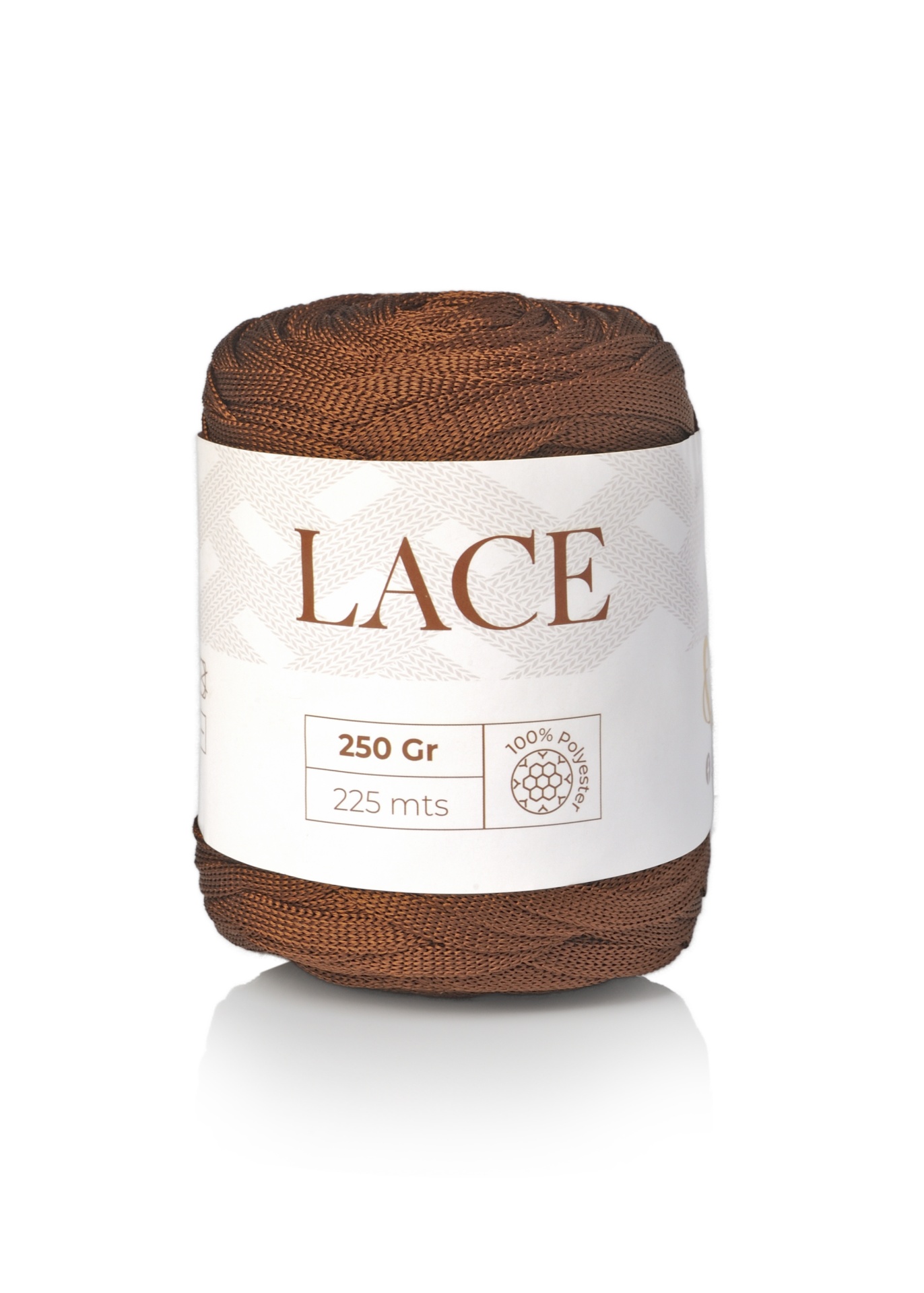 Rolo de fio castanho de malha fina com etiqueta branca LACE 250 Gr 225 mts 100% POLIESTER