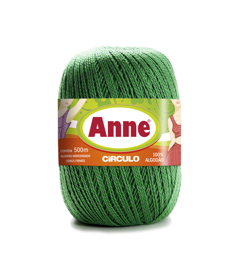 Rolo de fio verde de algodão com etiqueta da marca Anne