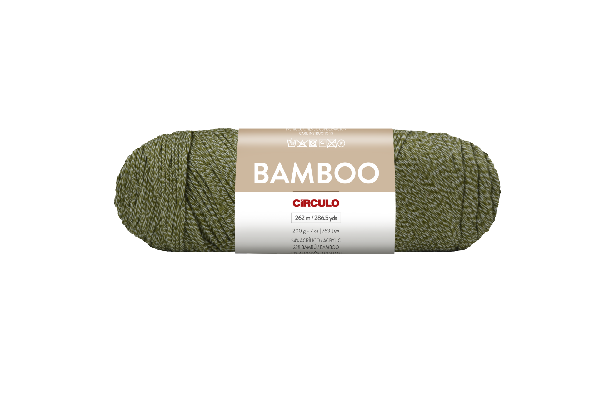 Novelo de fio verde com etiqueta branca e bege com texto BAMBOO CIRCULO.