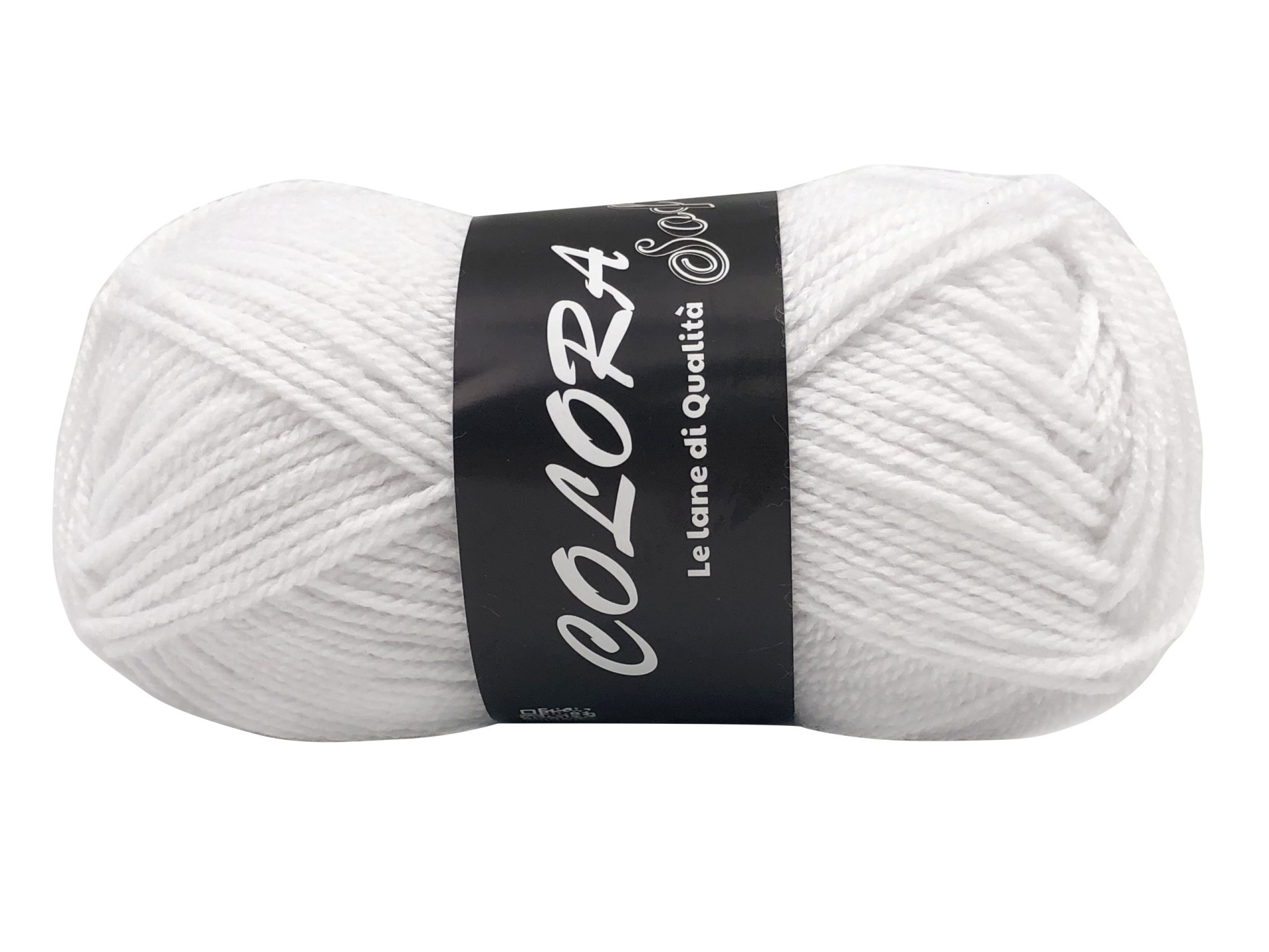 Novelo de lã branca COLORA com etiqueta preta